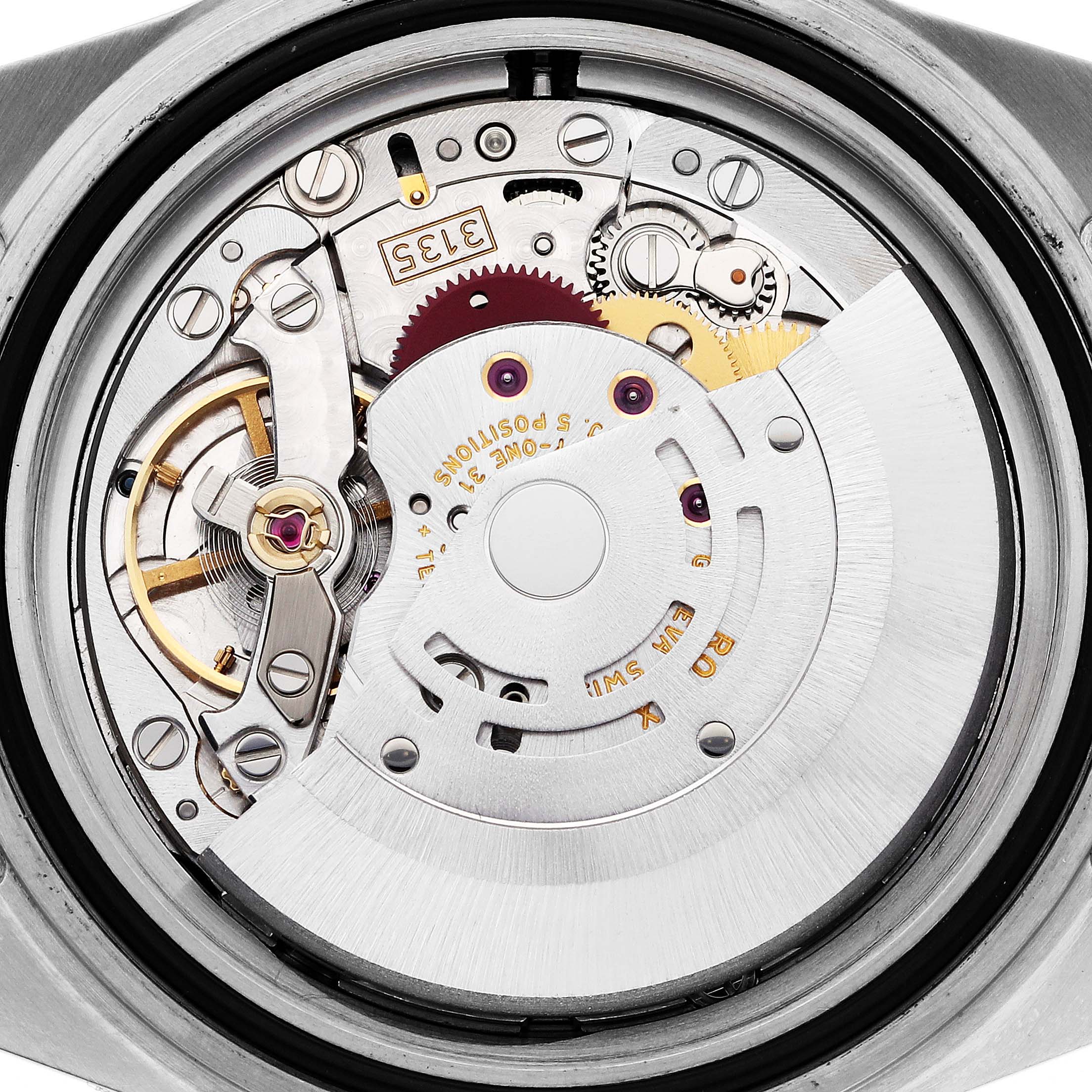 The image shows the intricate inner movement of a Rolex Submariner 16610 Men
s Stainless Steel Black Dial 16610 Men
s Stainless Steel Black Dial watch, viewed from the back.