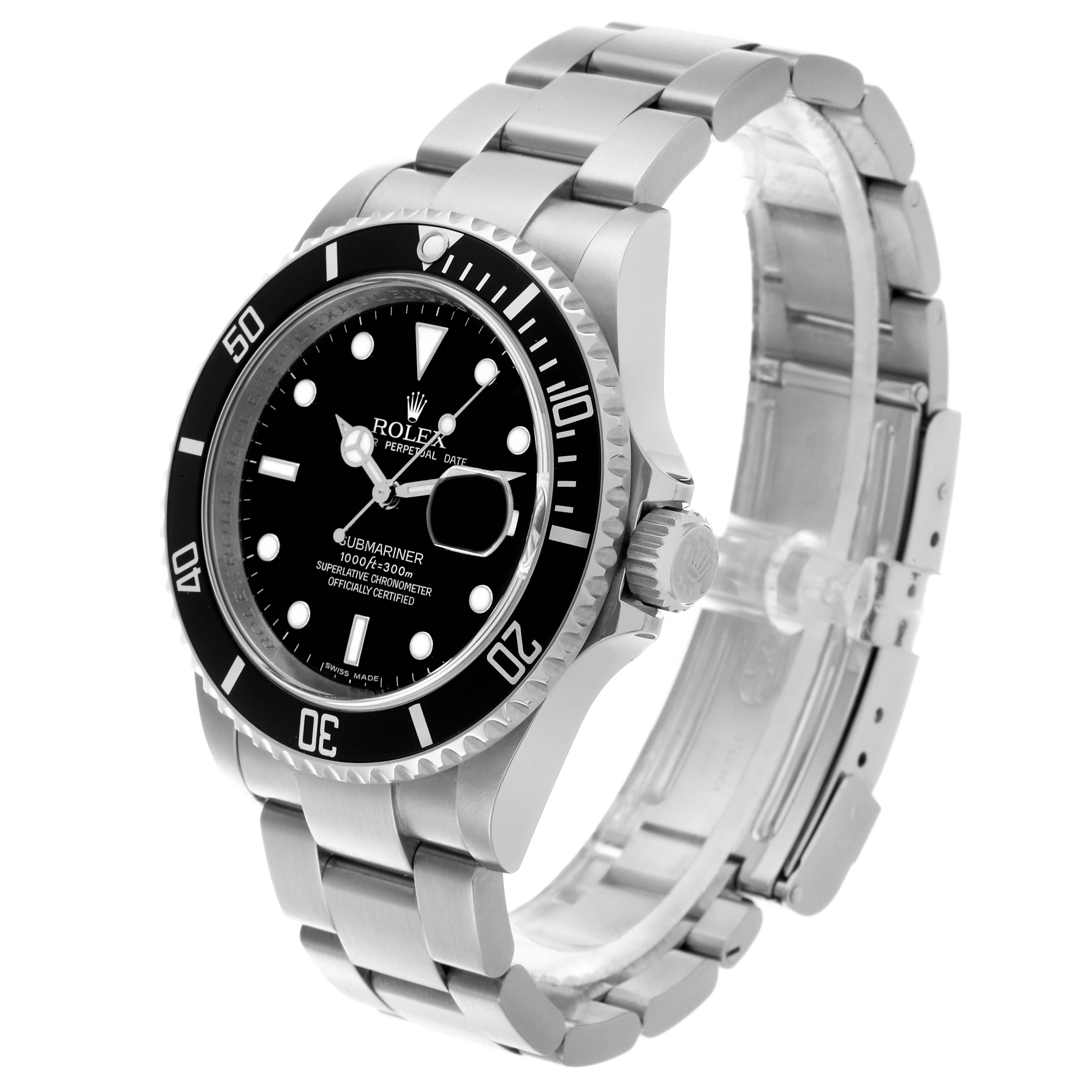 The image shows a Rolex Submariner 16610 Men
s Stainless Steel Black Dial 16610 Men
s Stainless Steel Black Dial watch at a three-quarter angle, highlighting the face, bezel, crown, and metal bracelet.