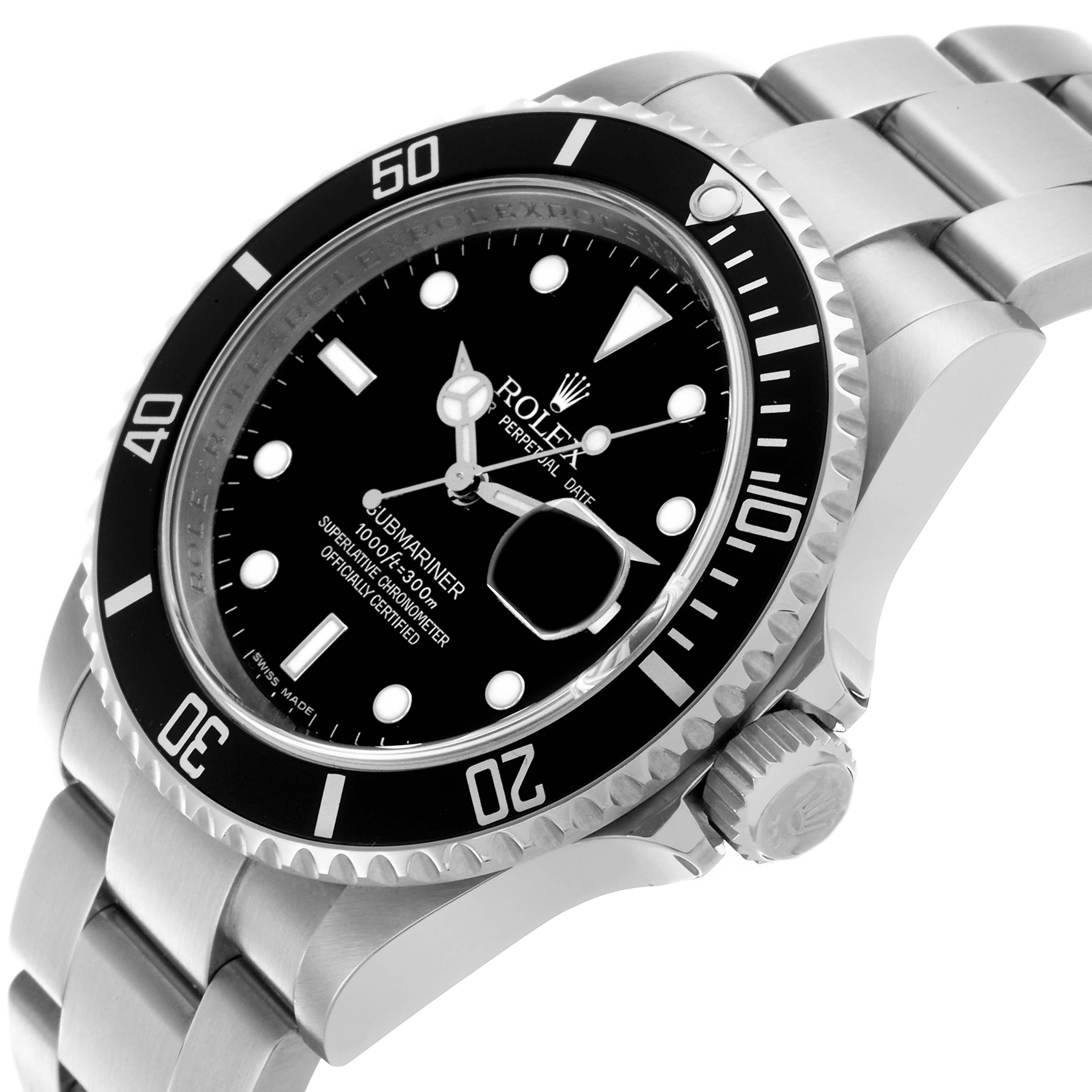 The Rolex Submariner 16610 Men
s Stainless Steel Black Dial 16610 Men
s Stainless Steel Black Dial is shown at an angled view highlighting the dial, bezel, crown, and part of the bracelet.
