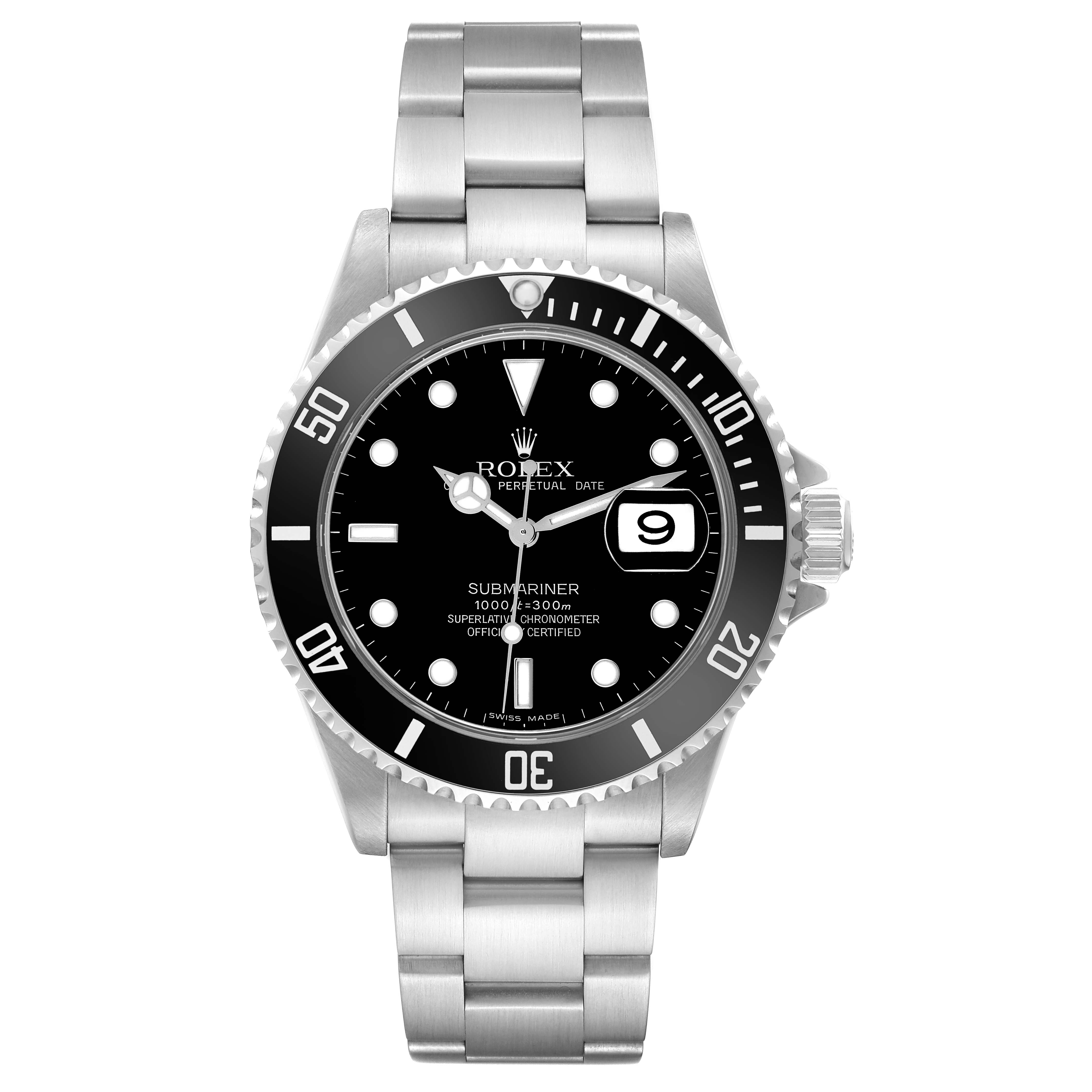 This Rolex Submariner 16610 Men
s Stainless Steel Black Dial 16610 Men
s Stainless Steel Black Dial is shown from a front angle, highlighting the watch face, bezel, and bracelet.