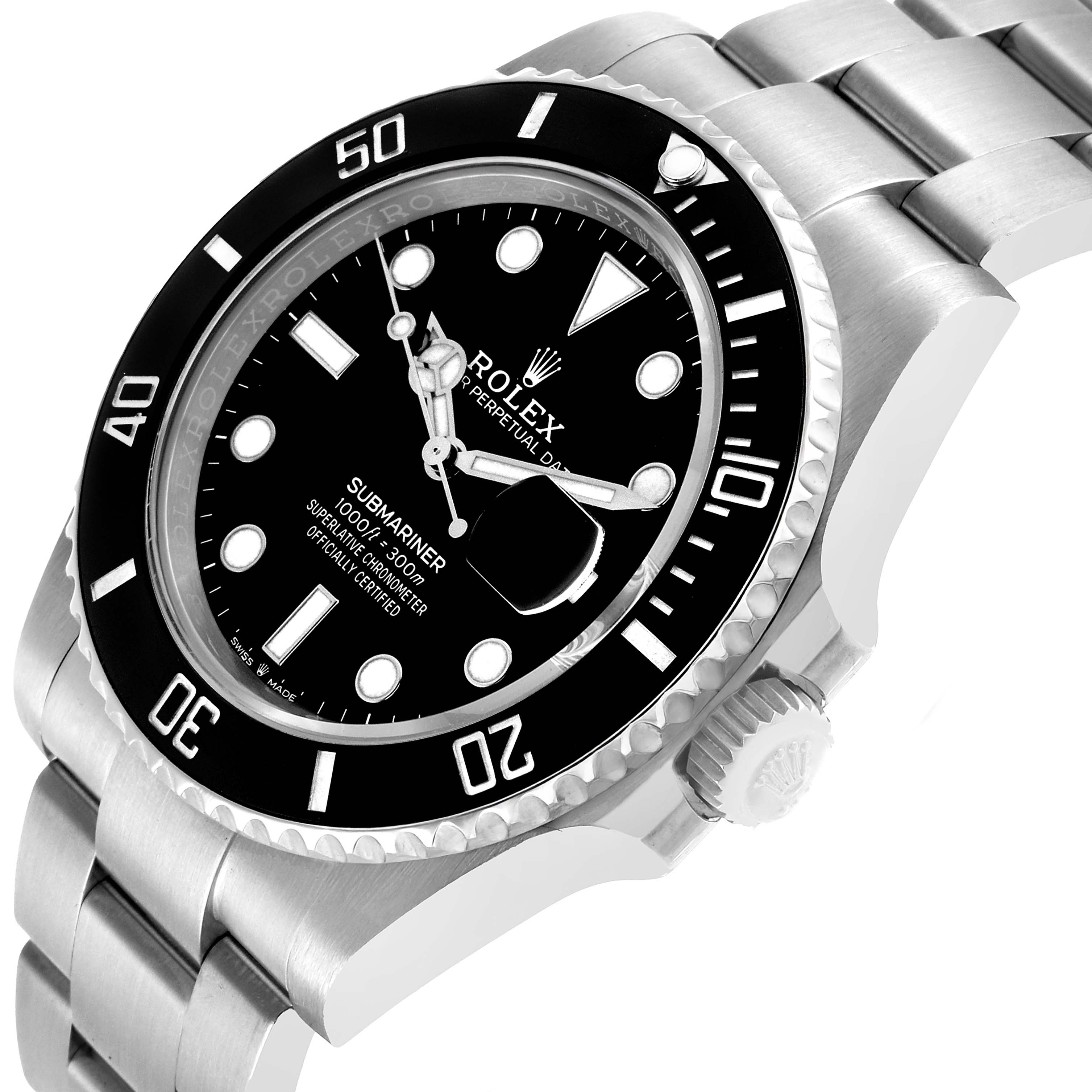 The image shows a Rolex Submariner 126610LN Men's Stainless Steel Black Dial at an angled close-up, highlighting the bezel, dial, crown, and part of the bracelet.
