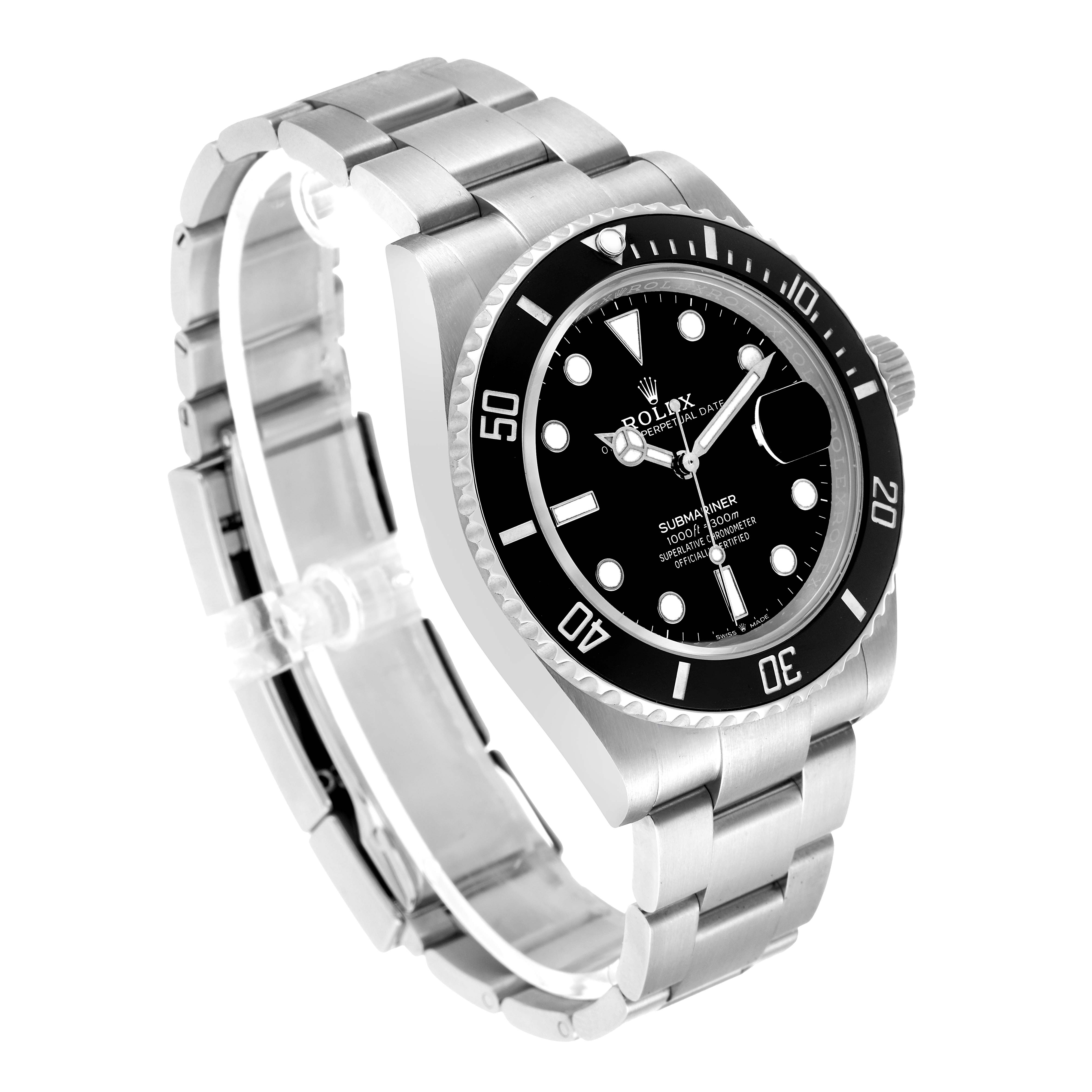 The Rolex Submariner 126610LN Men's Stainless Steel Black Dial watch is shown at a three-quarter angle, displaying the face, bezel, and part of the bracelet.