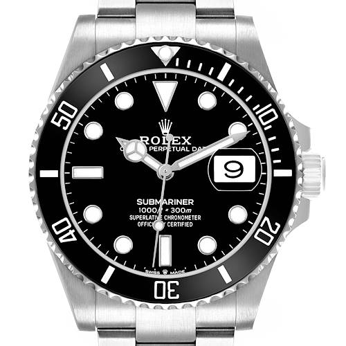 The Rolex Submariner 126610LN Men's Stainless Steel Black Dial watch is shown from the front, highlighting its dial, bezel, crown, and part of the bracelet.