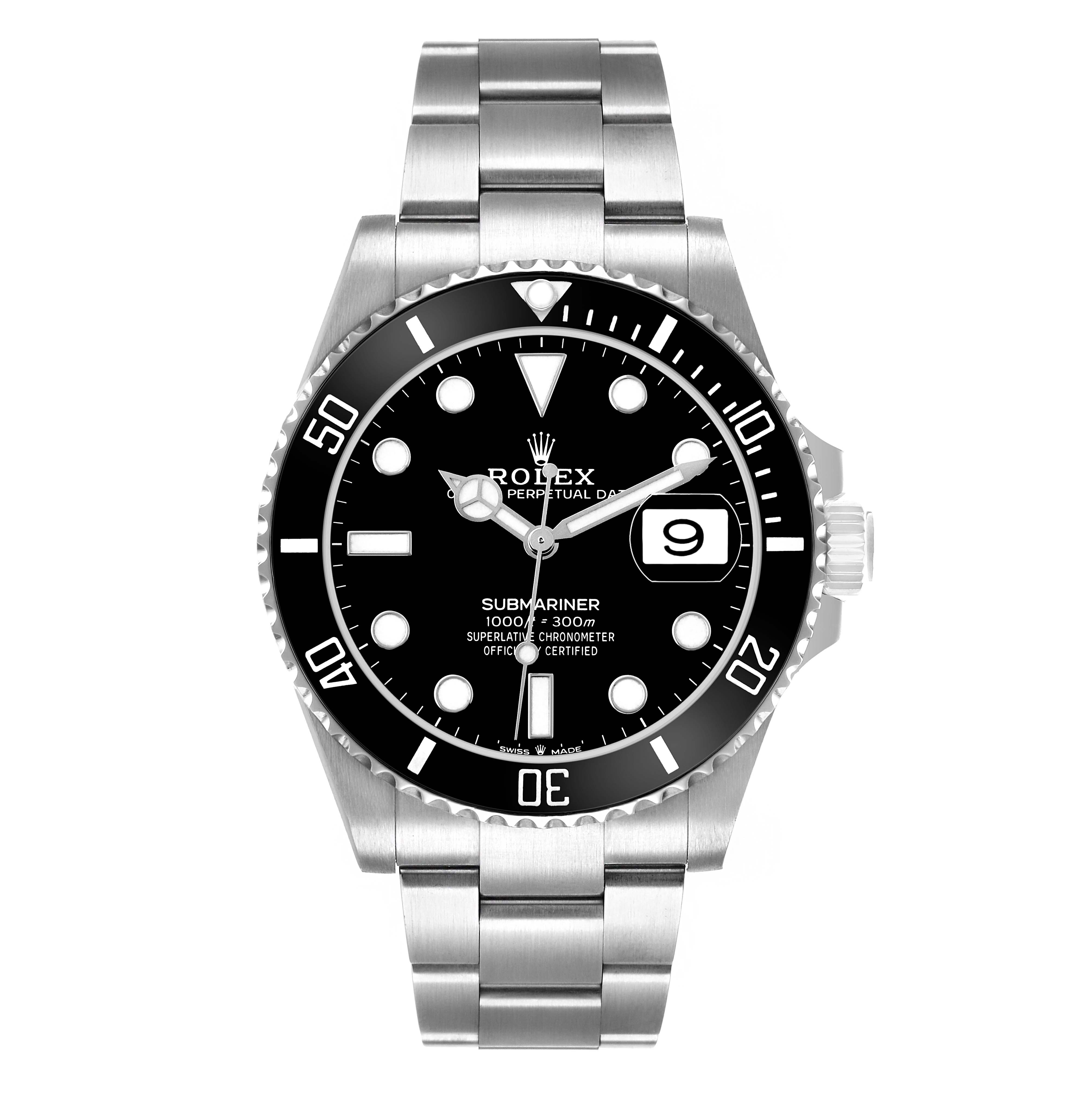 The Rolex Submariner 126610LN Men's Stainless Steel Black Dial watch is shown from a front angle, displaying the dial, bezel, bracelet, and crown.