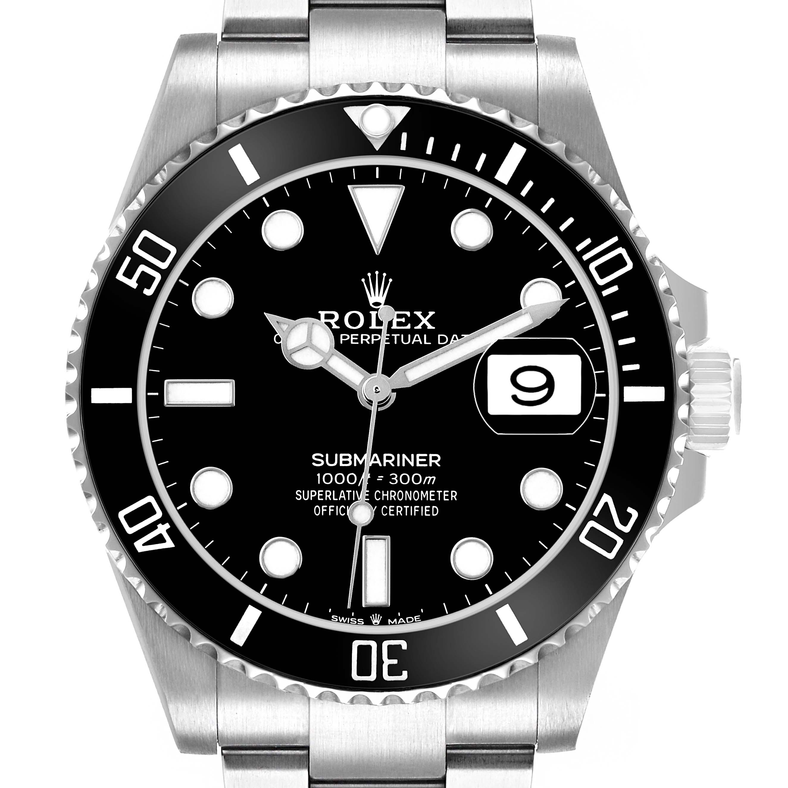 The Rolex Submariner 126610LN Men's Stainless Steel Black Dial watch is shown from a front angle, displaying the dial, bezel, and part of the metal bracelet.