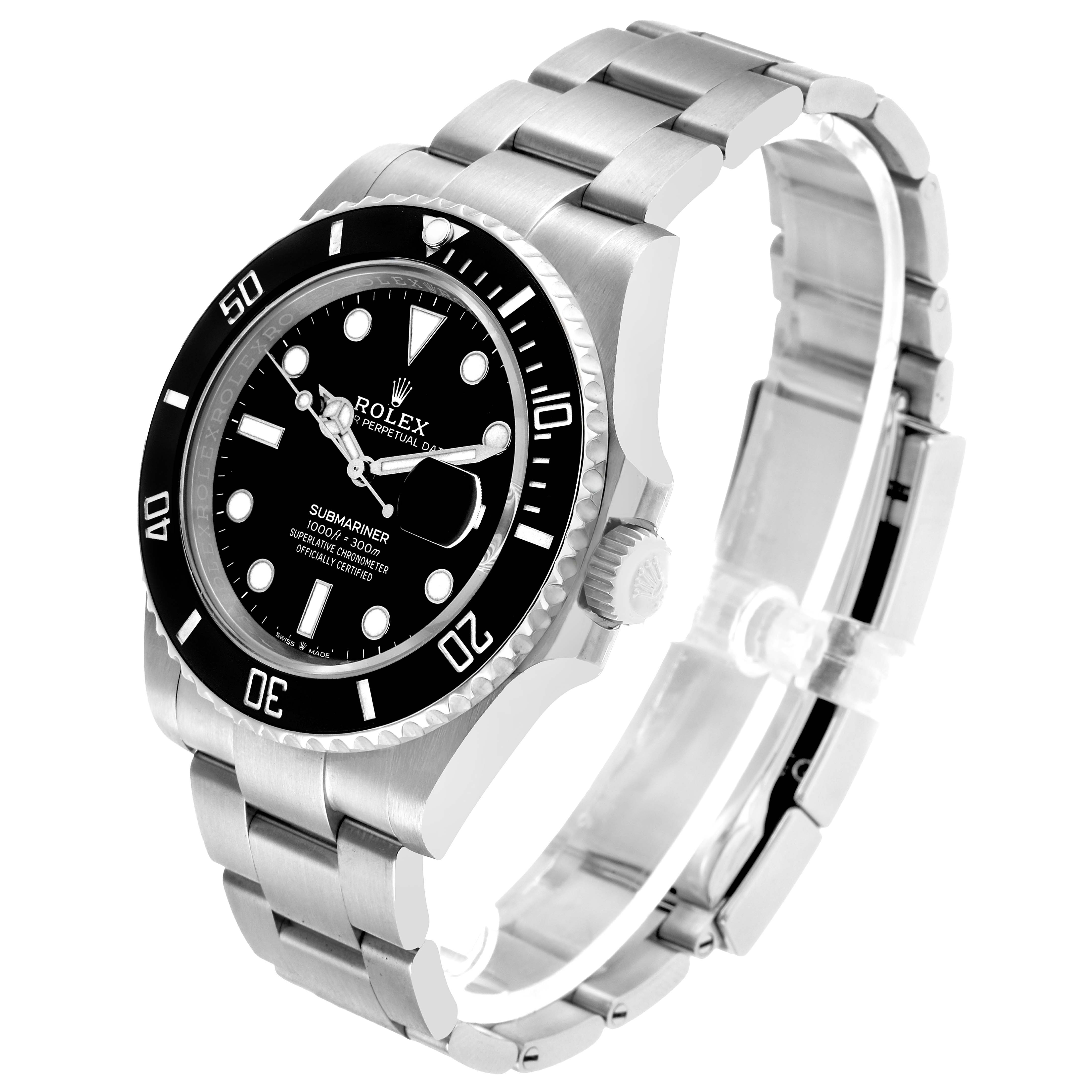 The Rolex Submariner 126610LN Men's Stainless Steel Black Dial watch is shown at a three-quarter angle, highlighting the bezel, dial, case, and bracelet.