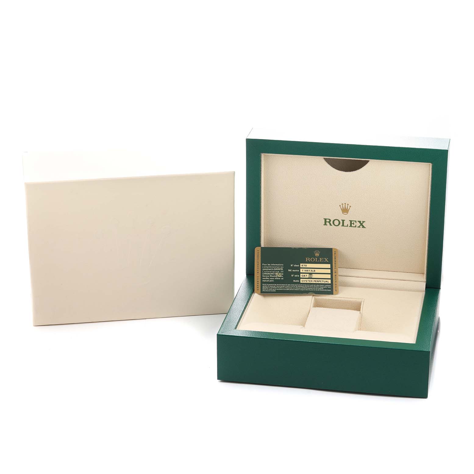 The image shows a Rolex Submariner 116613 Men's Steel and Gold (two tone) Blue Dial watch box with an open lid and a warranty card, viewed from the front at a slight angle.