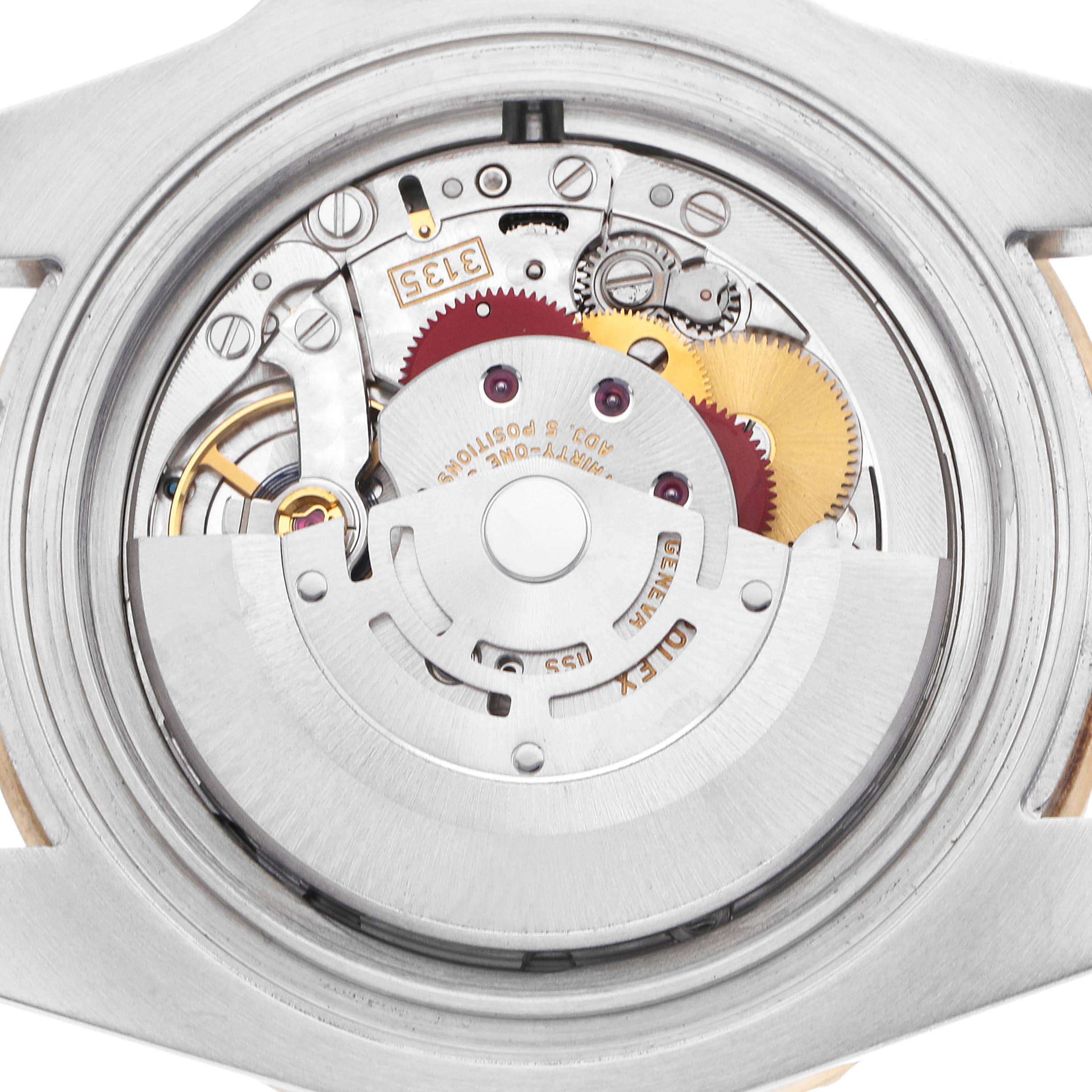 The image shows the open case back of a Rolex Submariner 116613 Men's Steel and Gold (two tone) Blue Dial, highlighting its intricate movement and gears.