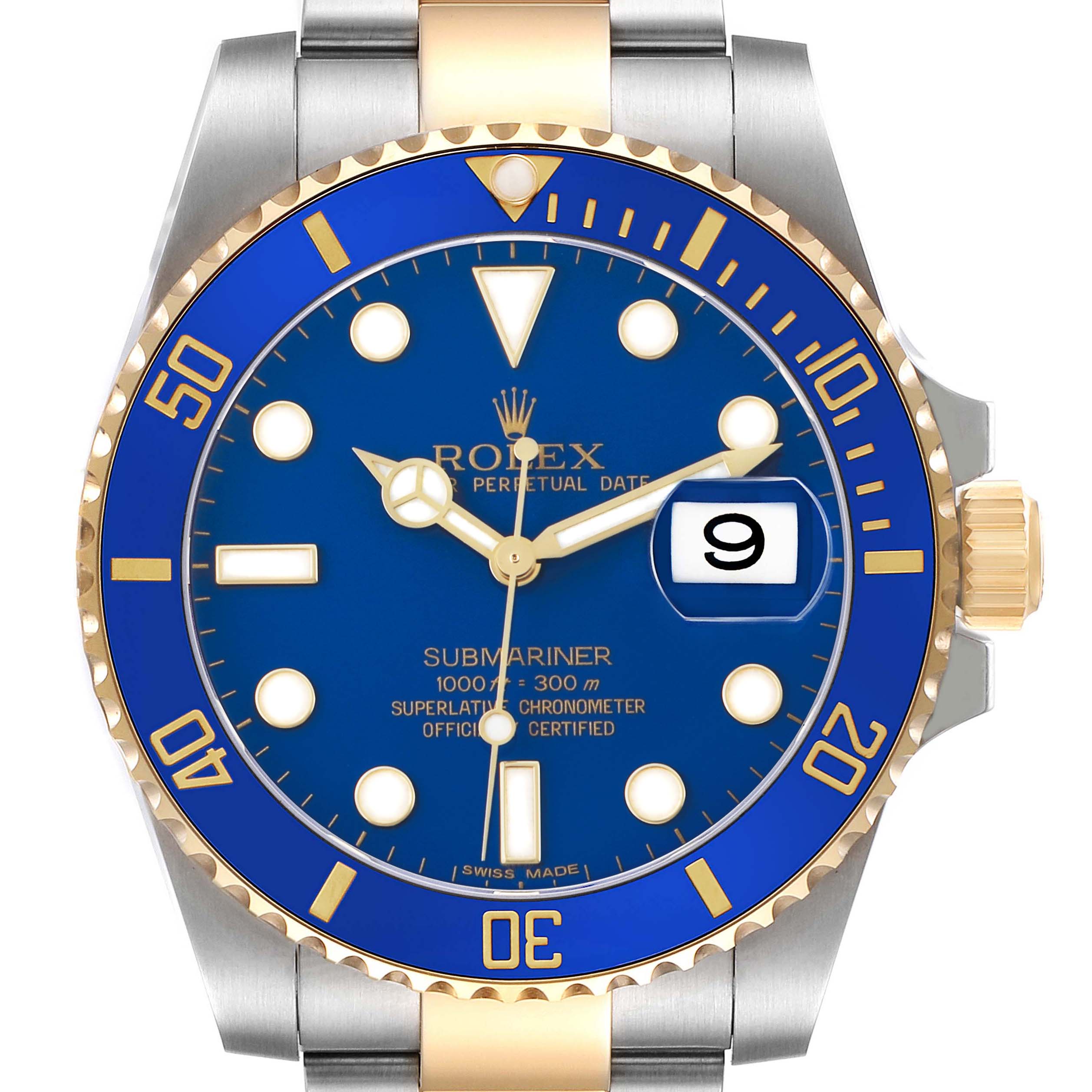 The Rolex Submariner 116613 Men's Steel and Gold (two tone) Blue Dial watch is shown from a frontal angle, highlighting the blue dial, bezel, and crown.