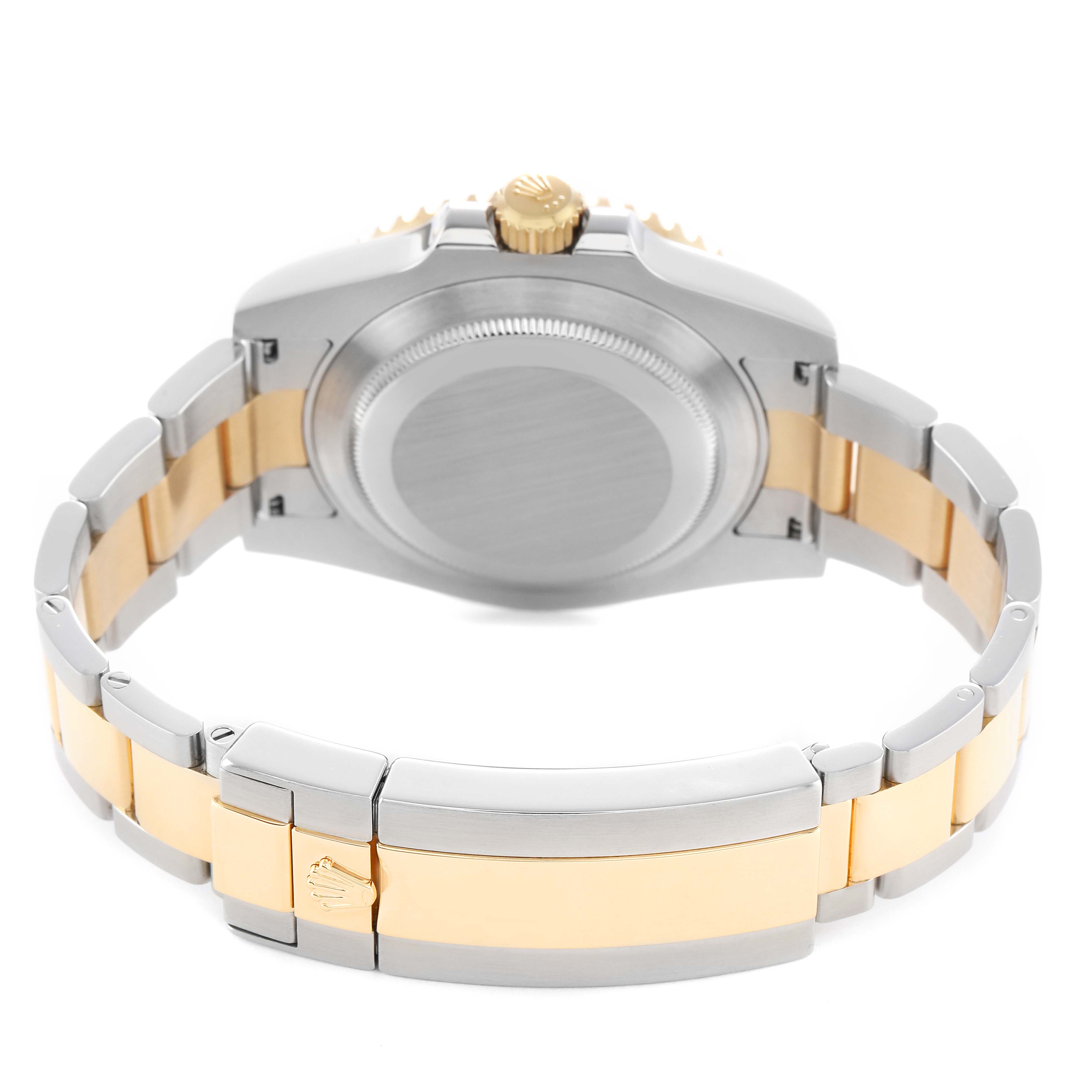 The image shows the back of a Rolex Submariner 116613 Men's Steel and Gold (two tone) Blue Dial, displaying the case back, crown, and two-tone bracelet with a clasp.