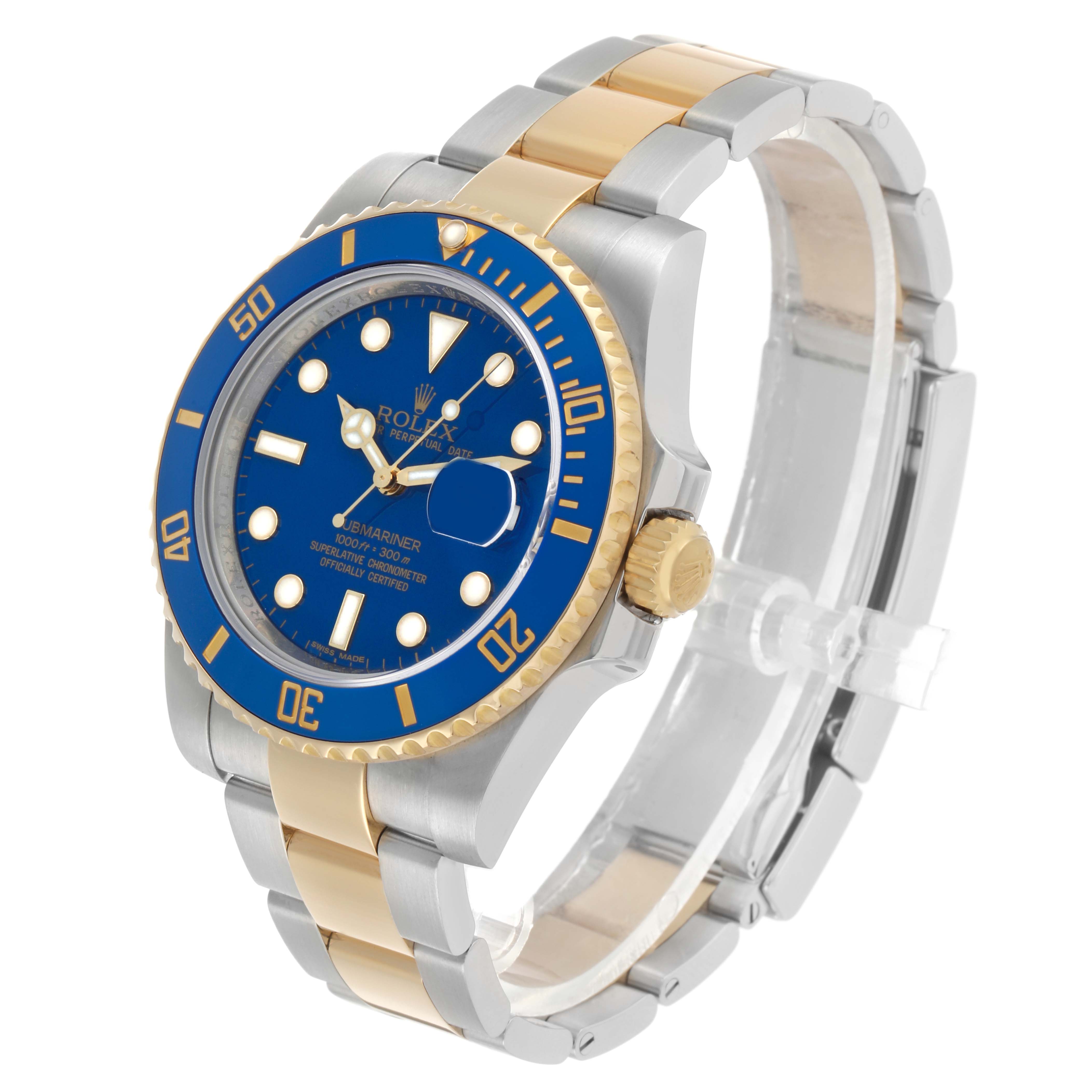The Rolex Submariner 116613 Men's Steel and Gold (two tone) Blue Dial watch is shown from a front-right angle, highlighting its bezel, dial, and bracelet.