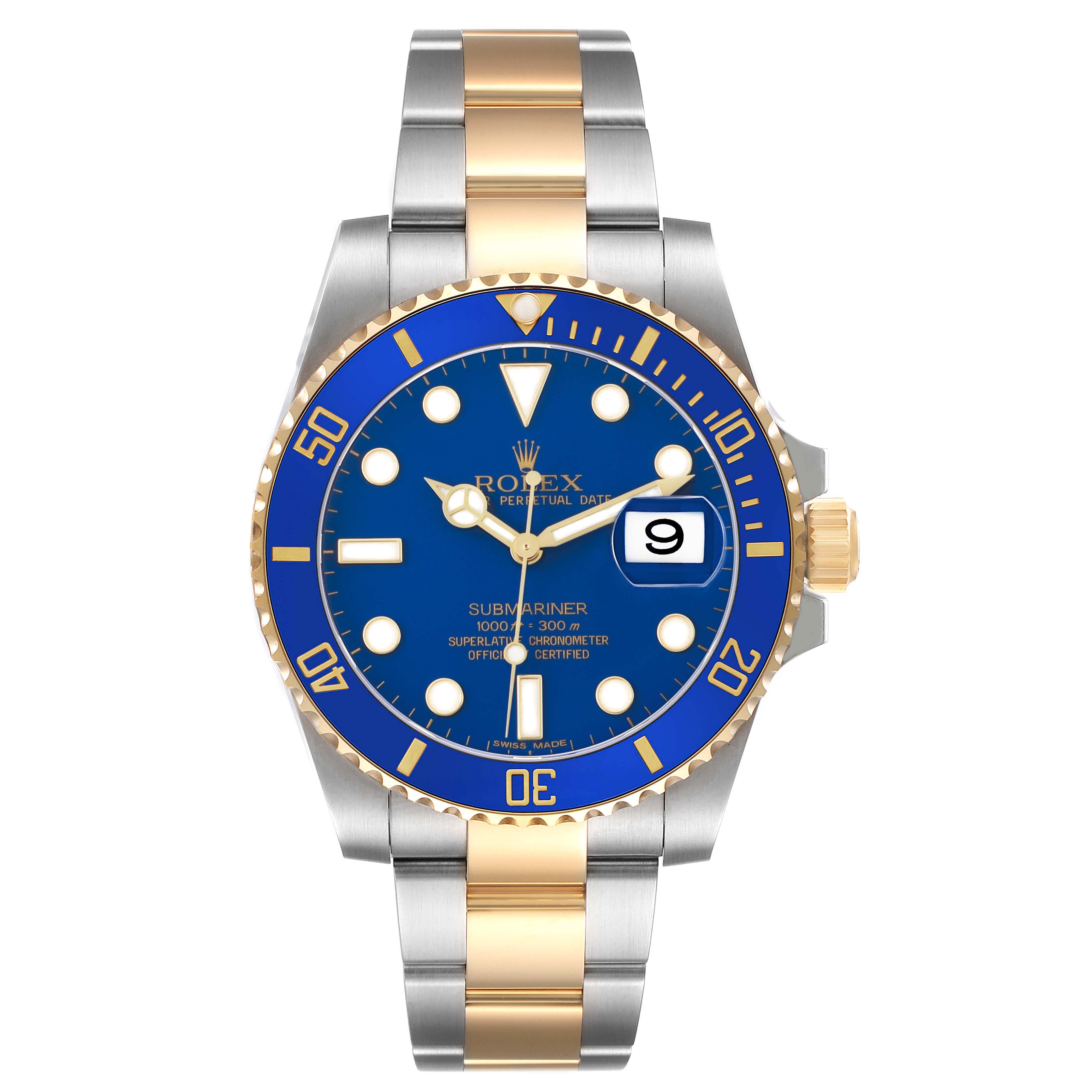 The Rolex Submariner 116613 Men's Steel and Gold (two tone) Blue Dial watch is shown from the front, highlighting its blue dial, gold bezel, and two-tone bracelet.