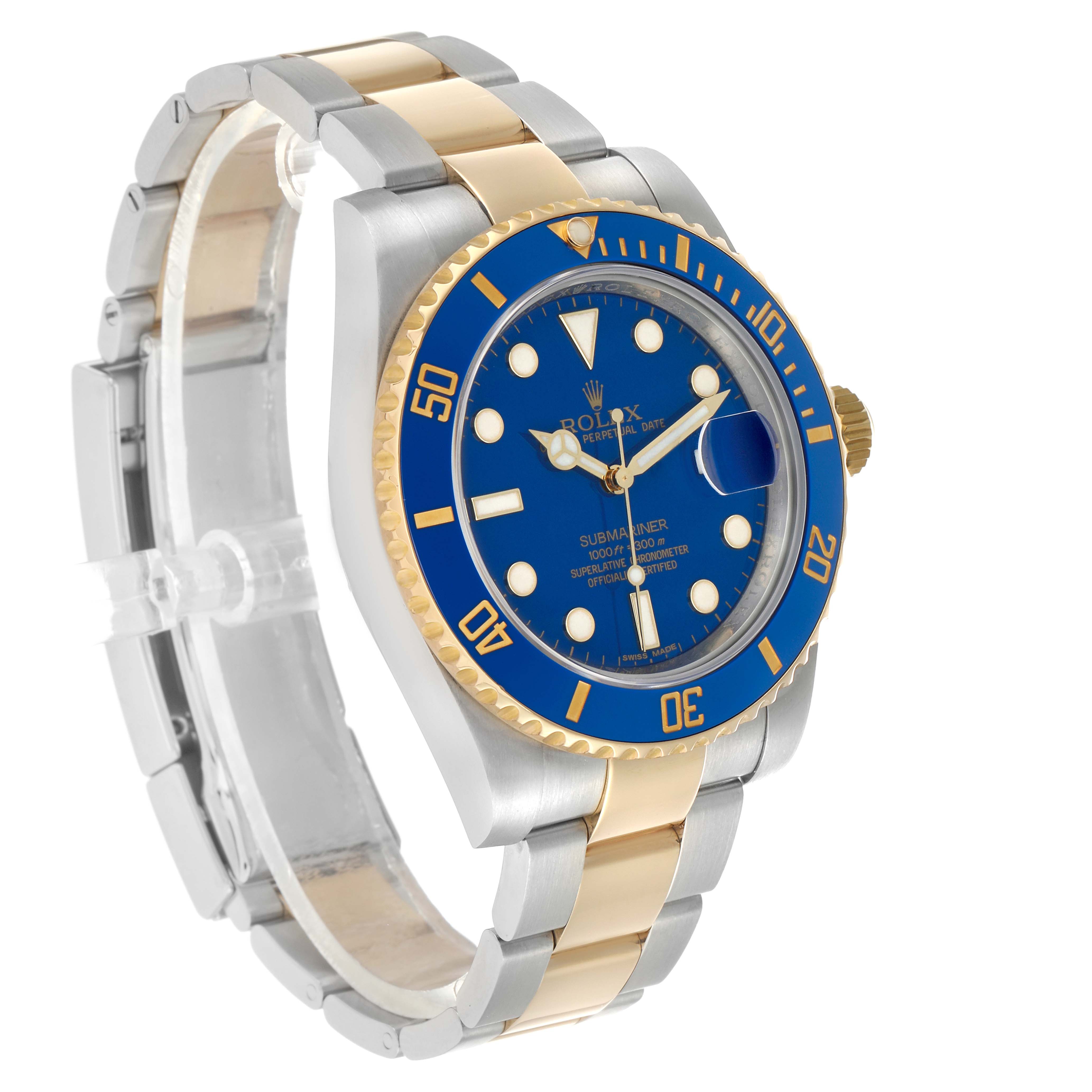 The Rolex Submariner 116613 Men's Steel and Gold (two tone) Blue Dial watch is shown at a three-quarter angle, displaying the face, bezel, crown, and bracelet.