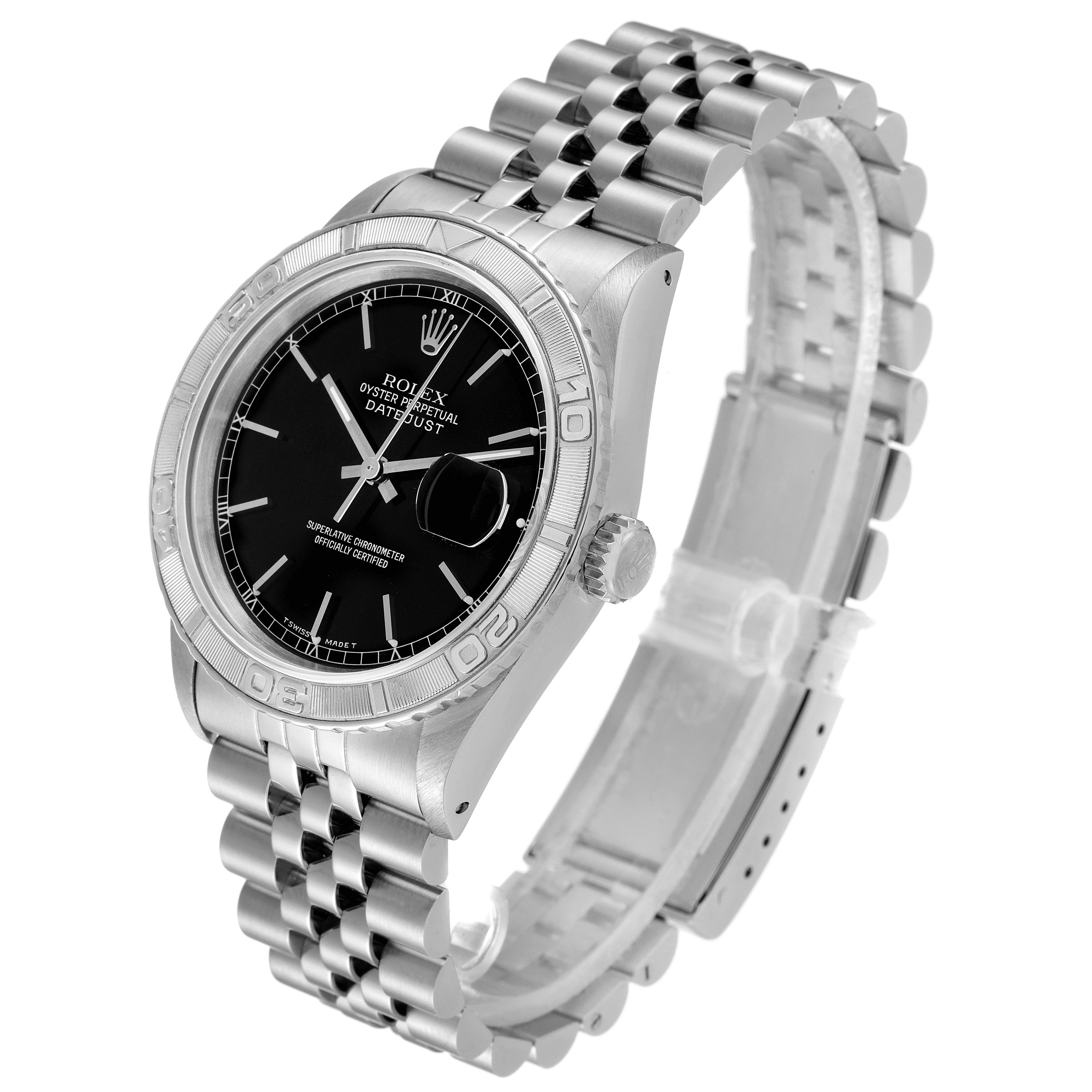 This image shows a side angle of the Rolex Turn-o-Graph 16264 Men
s Stainless Steel Black Dial 16264 Men
s Stainless Steel Black Dial watch, highlighting the bezel, dial, crown, and bracelet.