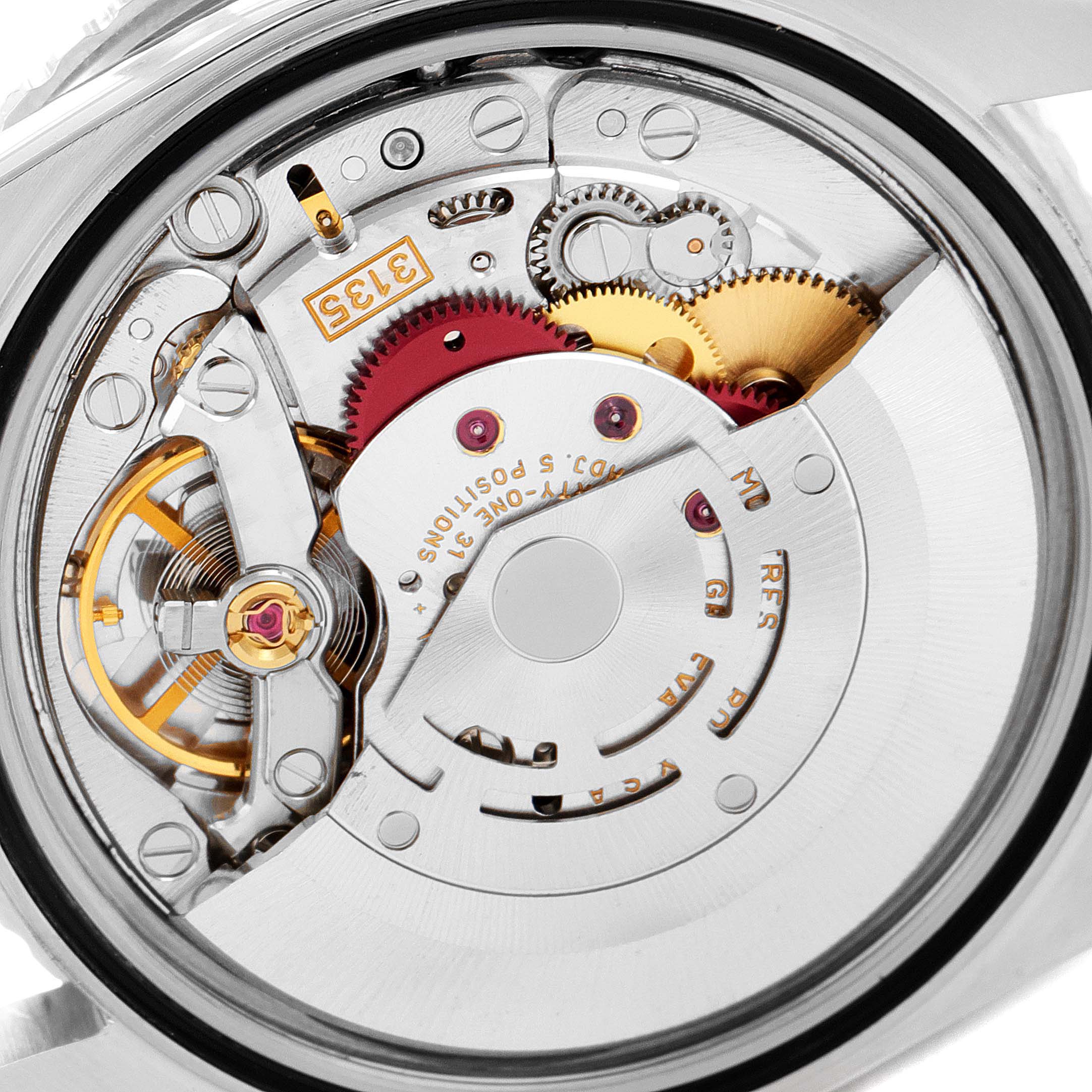 This image shows the intricate internal mechanics of the Rolex Turn-o-Graph 16264 Men
s Stainless Steel Black Dial 16264 Men
s Stainless Steel Black Dial model from a close-up, rear angle.