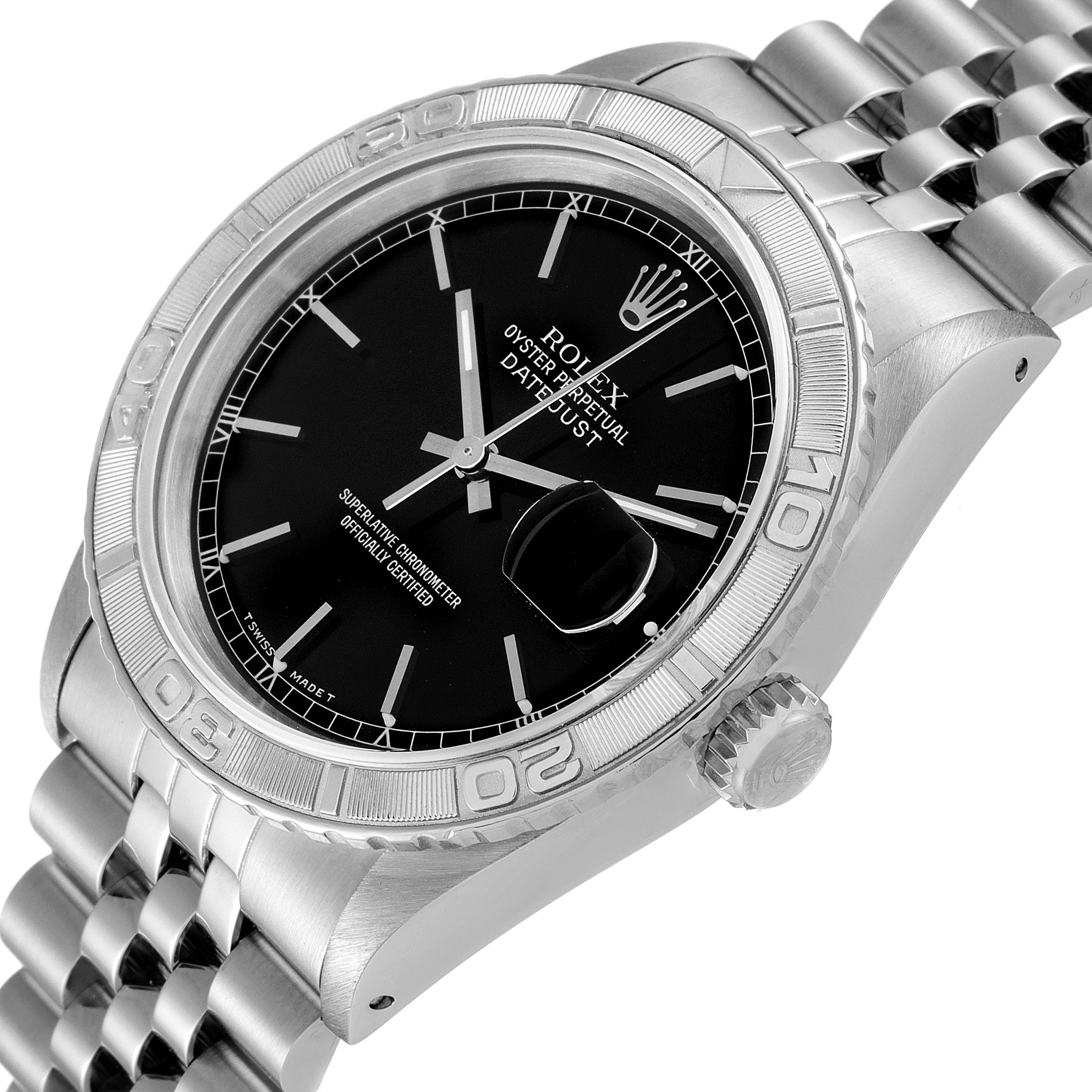 The image shows a Rolex Turn-o-Graph 16264 Men
s Stainless Steel Black Dial 16264 Men
s Stainless Steel Black Dial watch angled from the right side, highlighting the face, bezel, crown, and part of the bracelet.