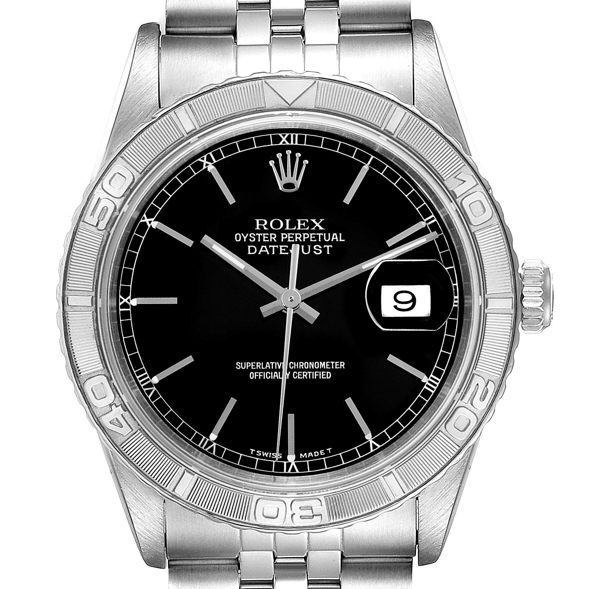 The image shows a front view of a Rolex Turn-o-Graph 16264 Men
s Stainless Steel Black Dial 16264 Men
s Stainless Steel Black Dial watch, highlighting the face, bezel, crown, and part of the bracelet.