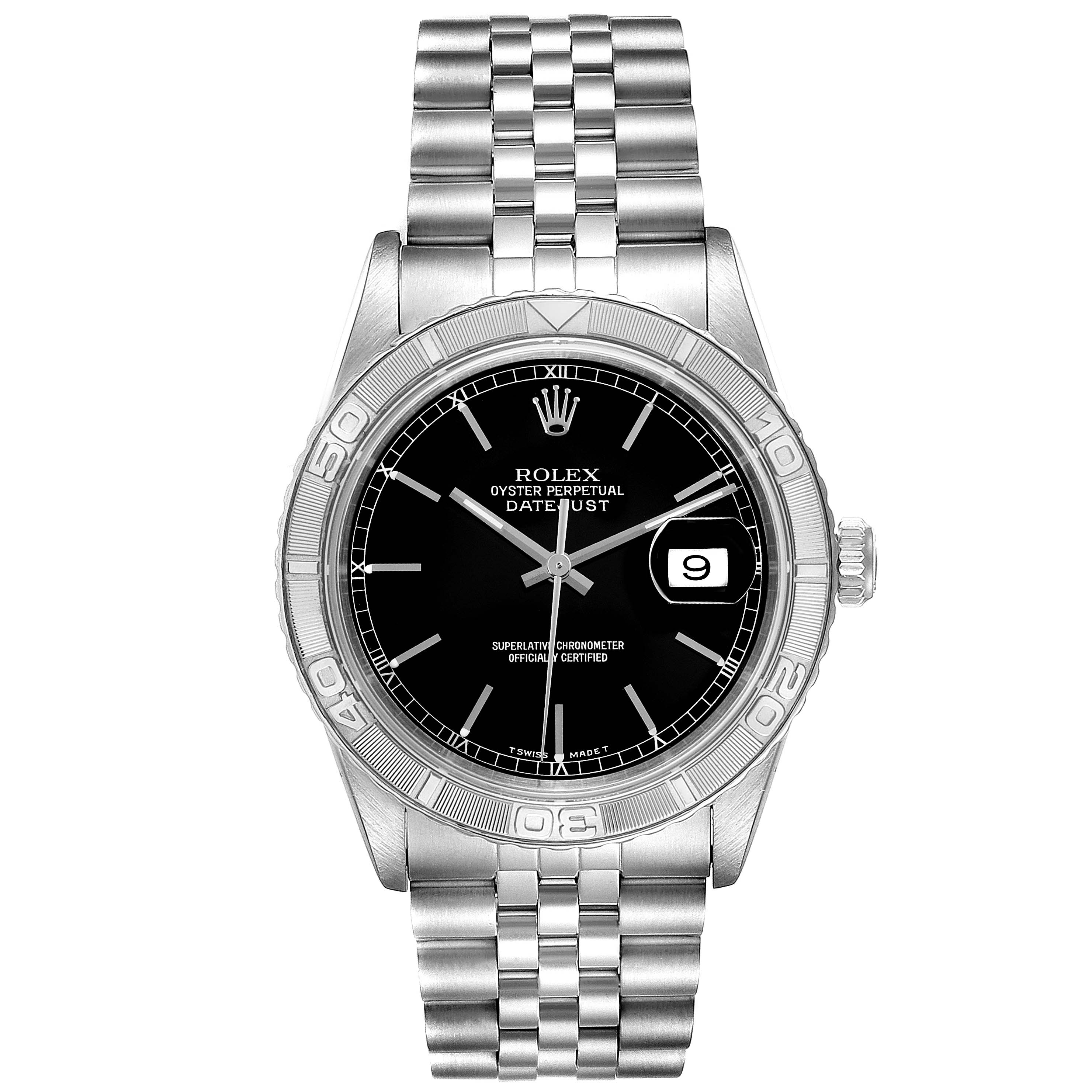 This image shows the front view of the Rolex Turn-o-Graph 16264 Men
s Stainless Steel Black Dial 16264 Men
s Stainless Steel Black Dial watch, displaying the dial, bezel, bracelet, and date window.
