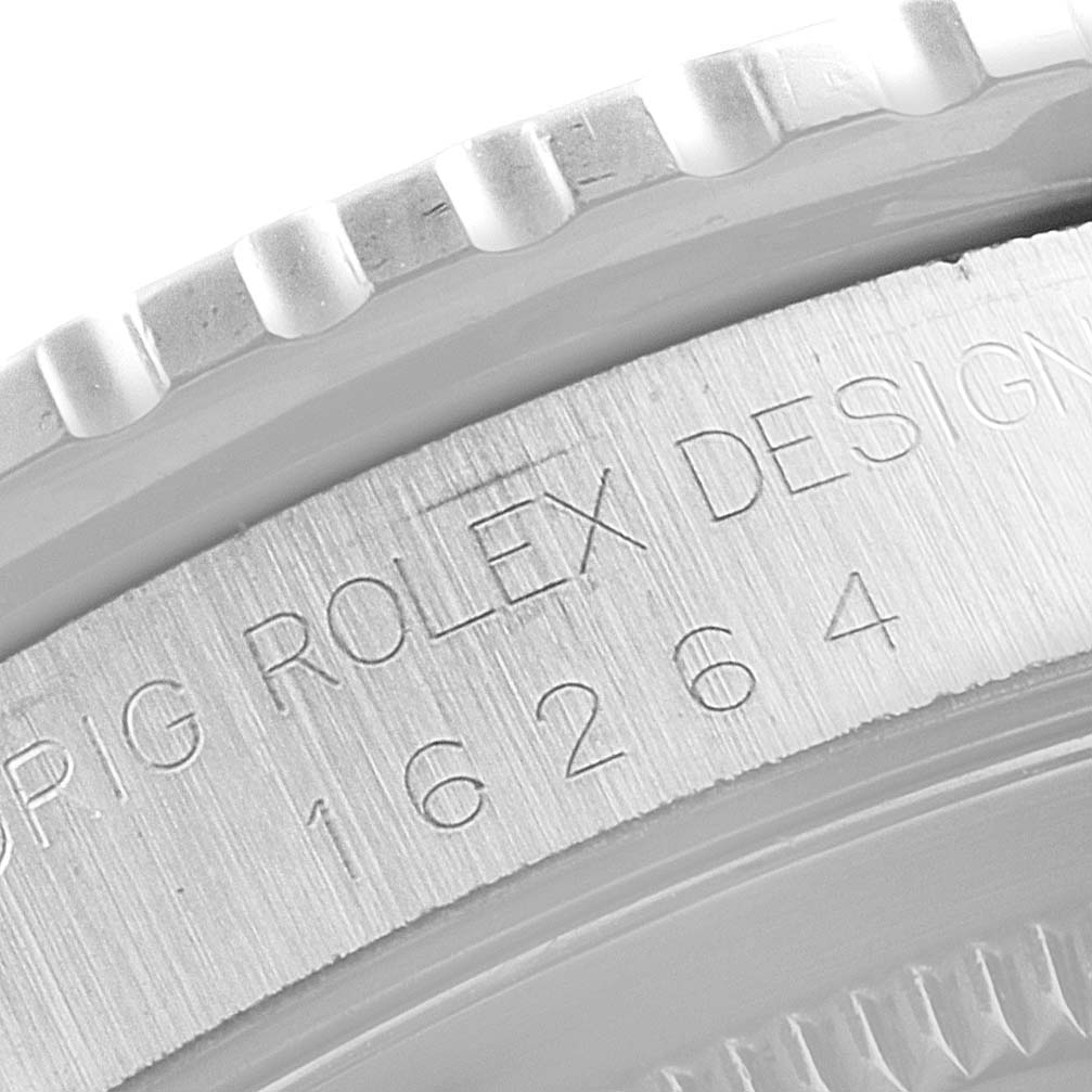 Close-up of the engraved model number on the casing of a Rolex Turn-o-Graph 16264 Men
s Stainless Steel Black Dial 16264 Men
s Stainless Steel Black Dial watch.
