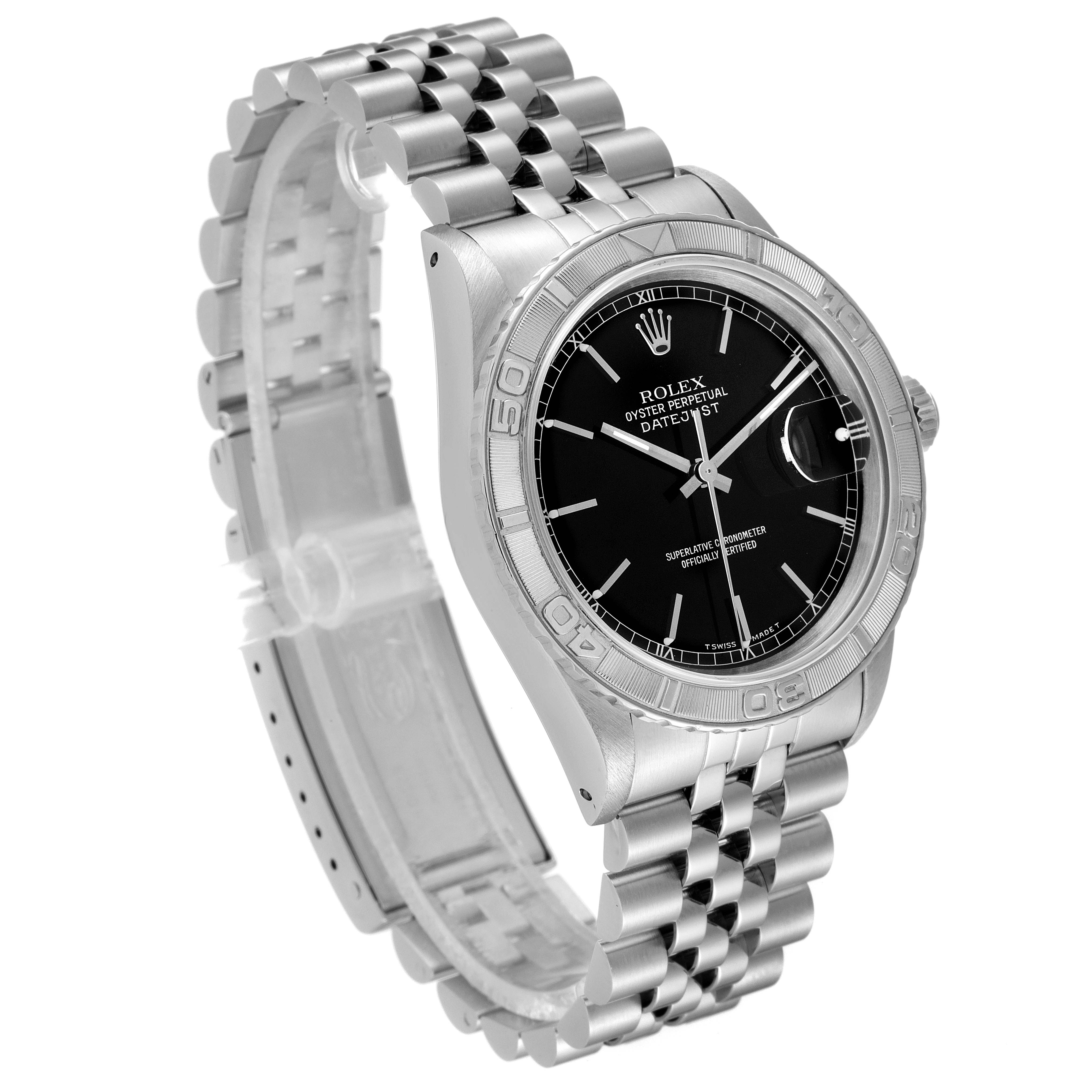 The image shows a Rolex Turn-o-Graph 16264 Men
s Stainless Steel Black Dial 16264 Men
s Stainless Steel Black Dial watch at a three-quarter angle, highlighting its black dial, bezel, and bracelet.