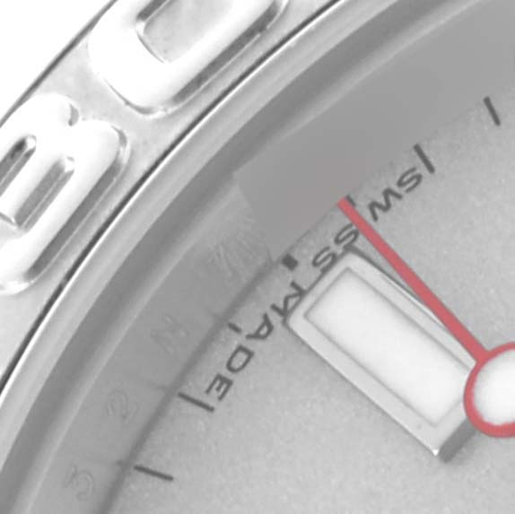 The image shows a close-up of the dial and bezel of a Rolex Yacht-Master 168622 Men's Stainless Steel Silver Dial 168622 Men's Stainless Steel Silver Dial, highlighting the minute marker and red second hand.
