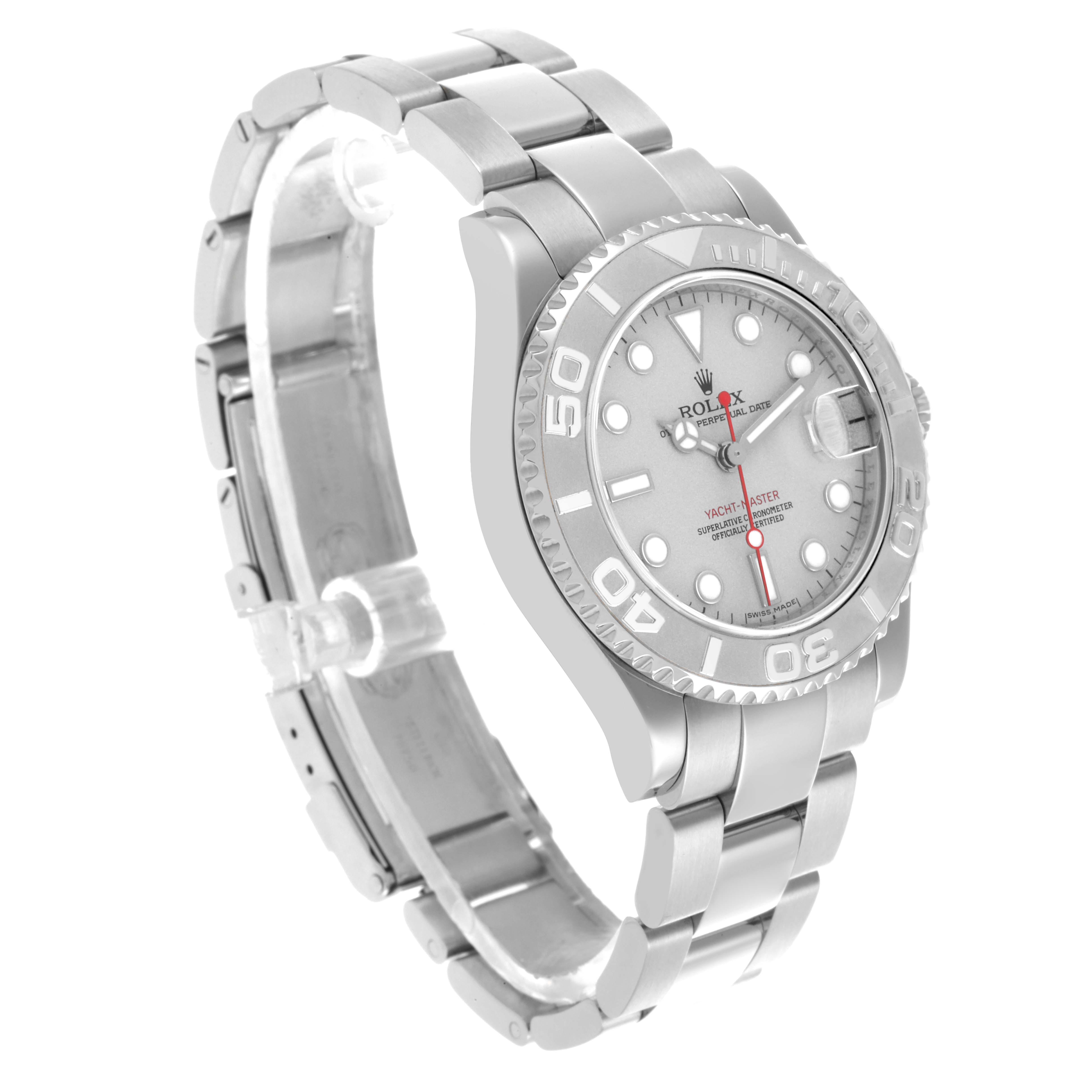 The Rolex Yacht-Master 168622 Men's Stainless Steel Silver Dial 168622 Men's Stainless Steel Silver Dial watch is shown at a slight angle, highlighting its bezel, dial, and bracelet.