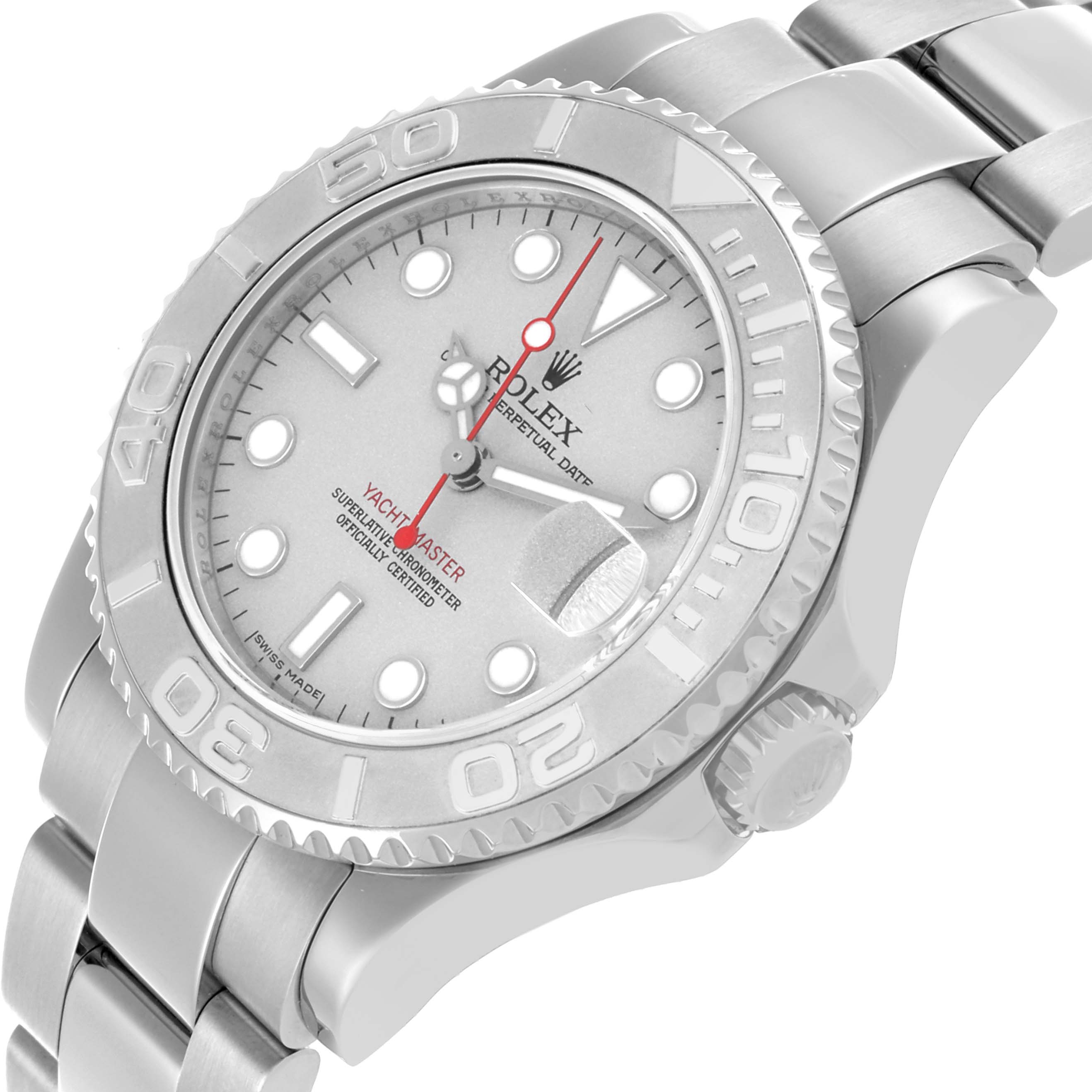 The Rolex Yacht-Master 168622 Men's Stainless Steel Silver Dial 168622 Men's Stainless Steel Silver Dial is shown at an angled view highlighting the bezel, face, and part of the bracelet.