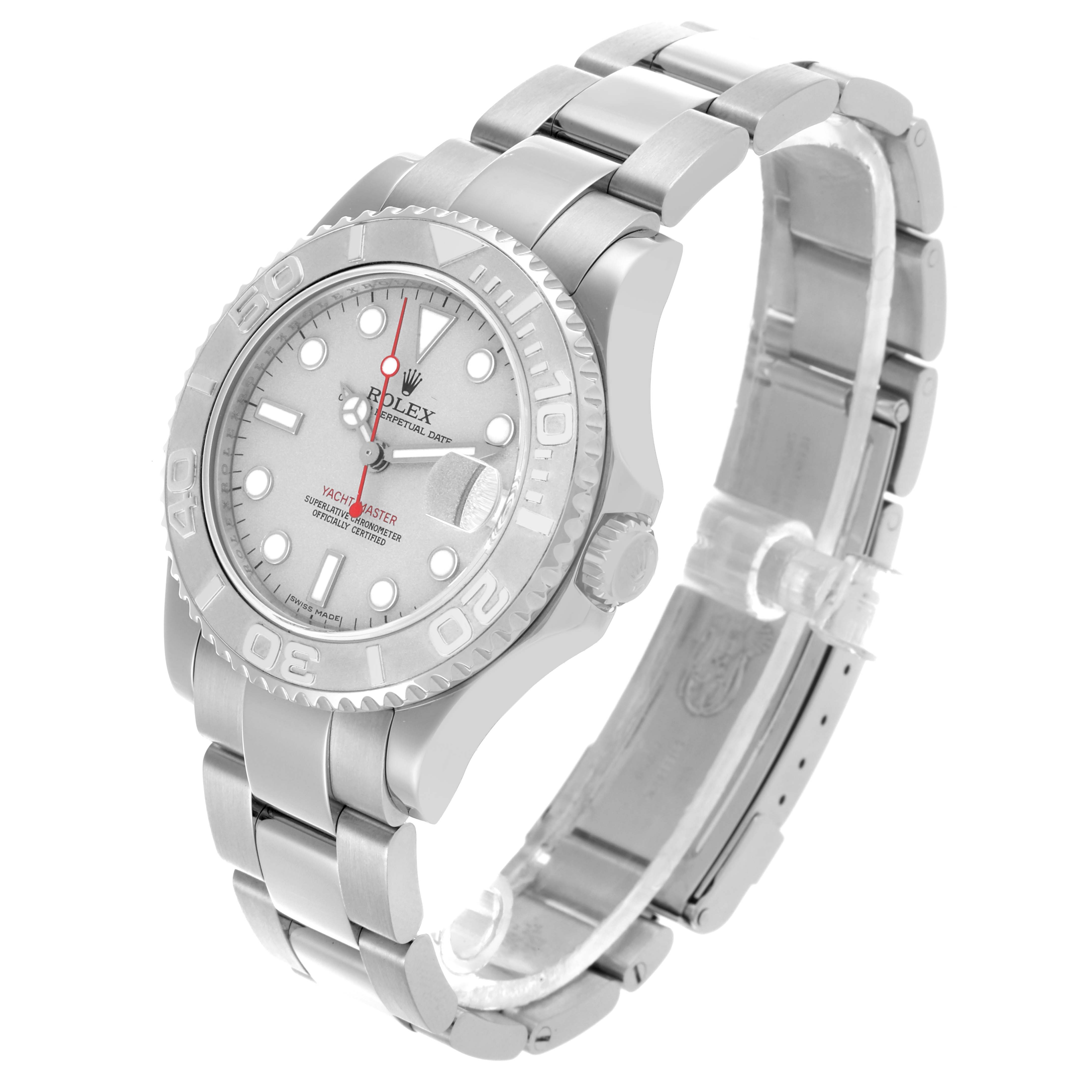 The Rolex Yacht-Master 168622 Men's Stainless Steel Silver Dial 168622 Men's Stainless Steel Silver Dial watch is shown at a three-quarter angle, highlighting the dial, bezel, and bracelet.