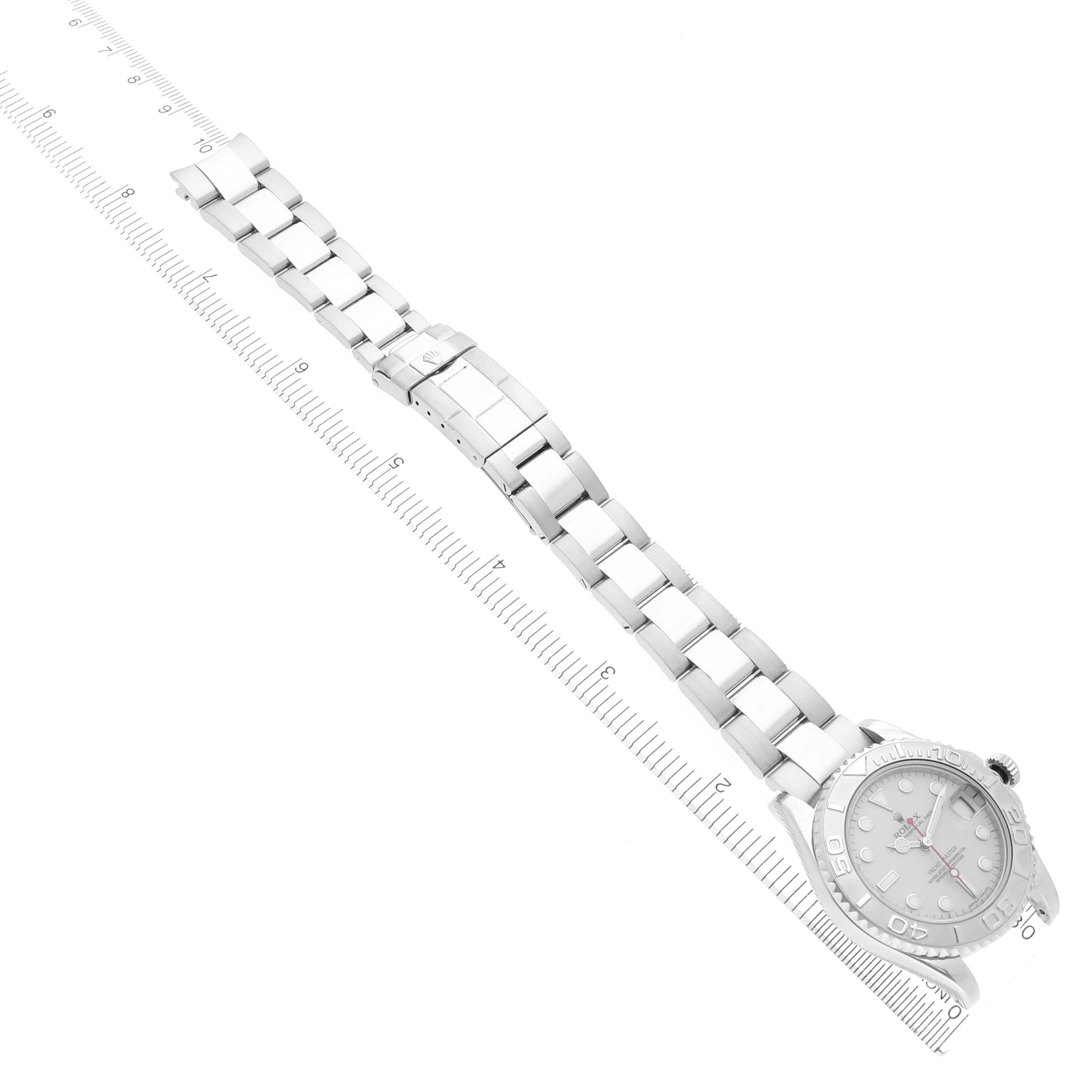 The Rolex Yacht-Master 168622 Men's Stainless Steel Silver Dial 168622 Men's Stainless Steel Silver Dial watch is shown diagonally, displaying the full bracelet, face, and clasp.