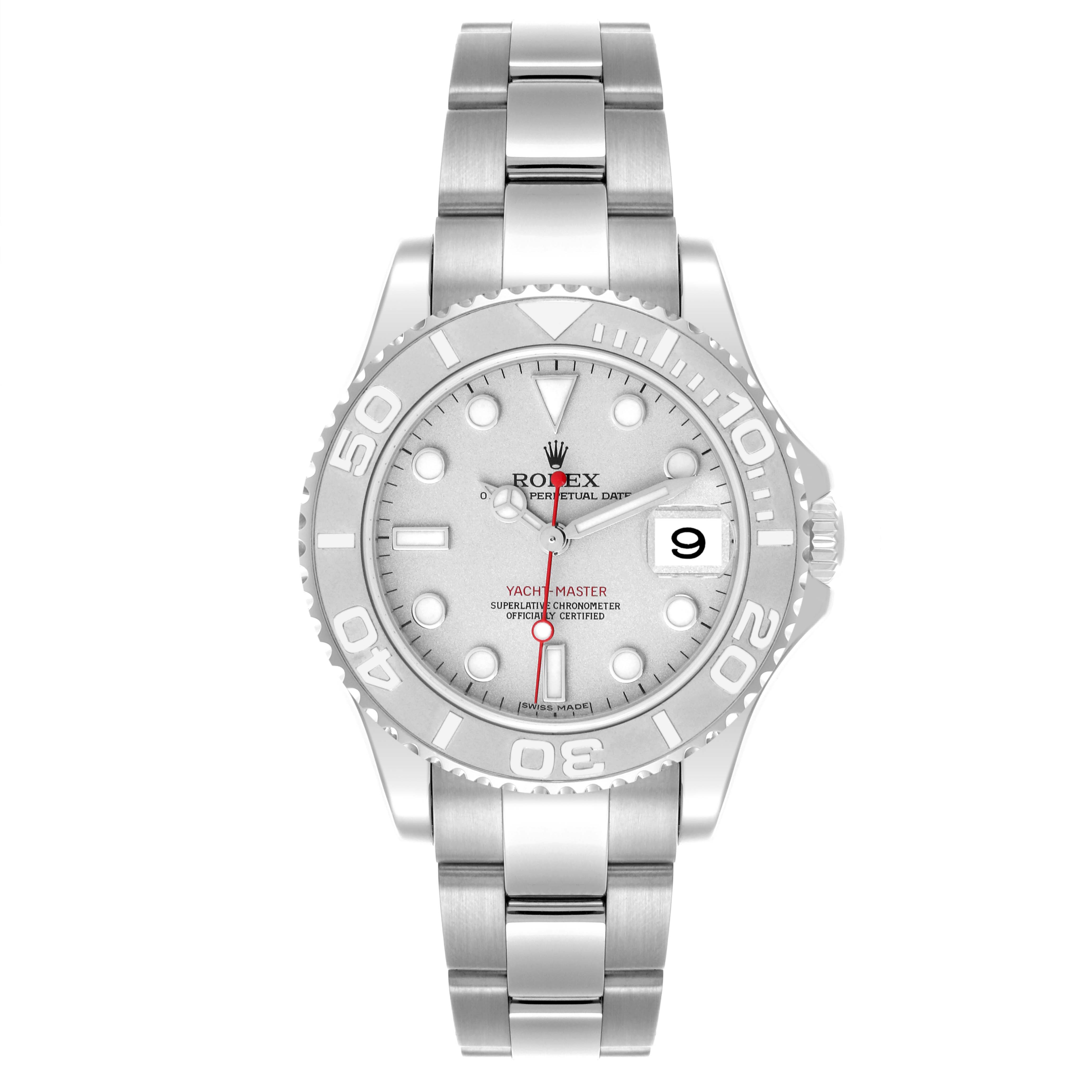 The Rolex Yacht-Master 168622 Men's Stainless Steel Silver Dial 168622 Men's Stainless Steel Silver Dial watch is shown from the front, highlighting the bezel, dial, and bracelet.