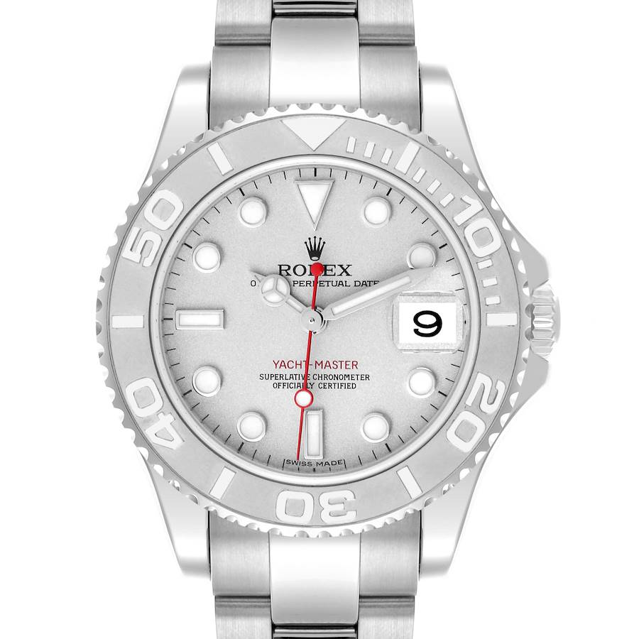 The Rolex Yacht-Master watch is shown from a front angle, highlighting the dial, bezel, and bracelet.