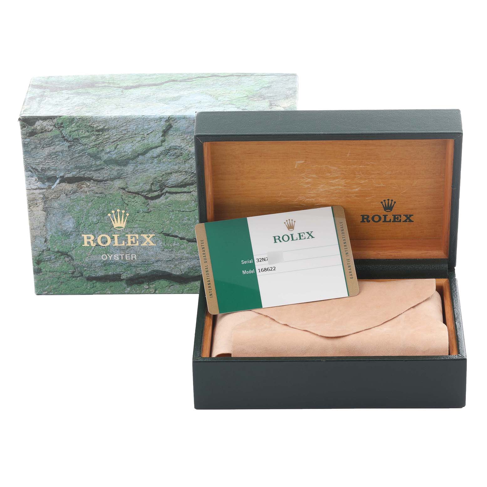The image shows the Rolex Yacht-Master 168622 Men's Stainless Steel Silver Dial 168622 Men's Stainless Steel Silver Dial box, a leather pouch, and a warranty card from a front angle.