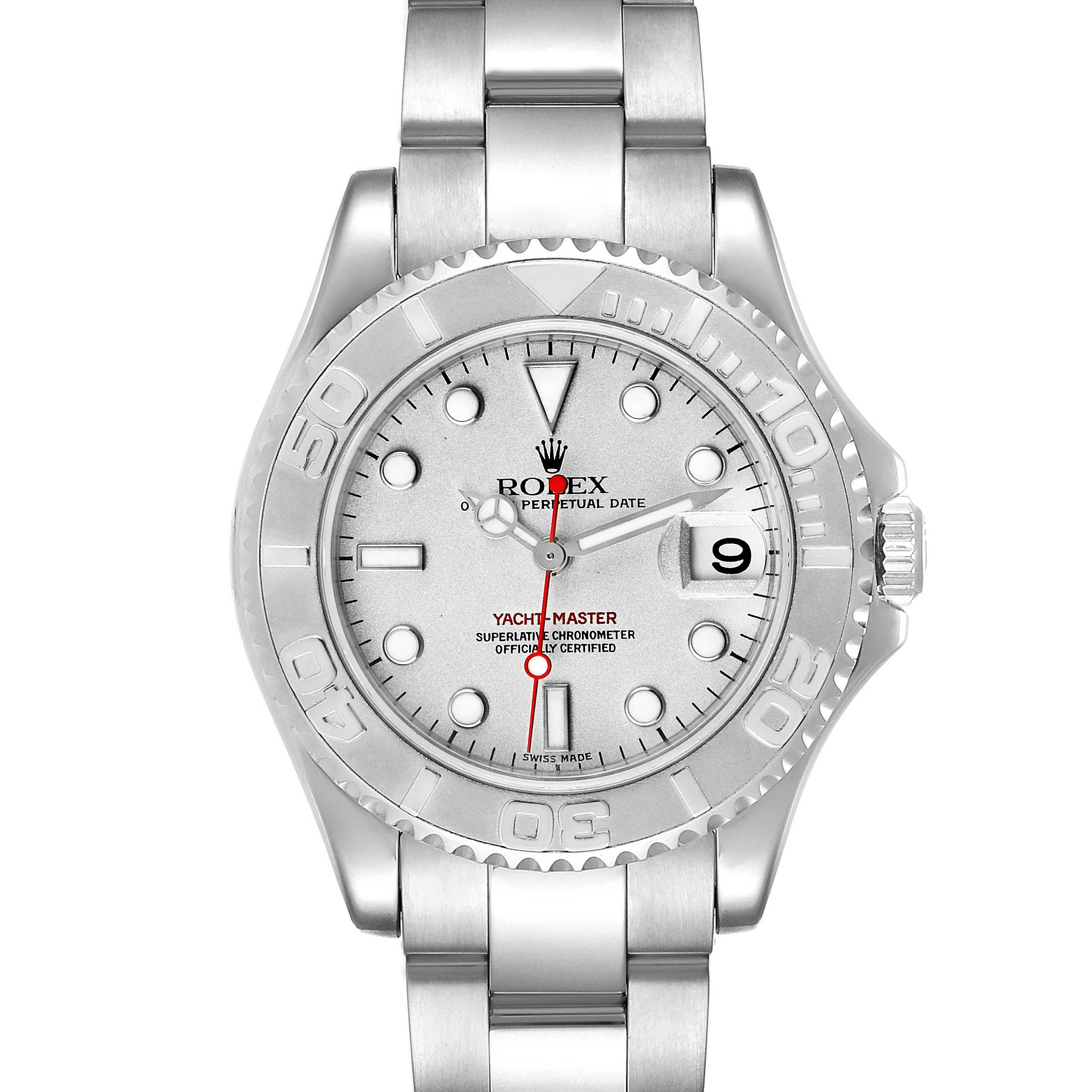 The image shows a frontal view of a Rolex Yacht-Master 168622 Men
s Stainless Steel Silver Dial 168622 Men
s Stainless Steel Silver Dial watch, showcasing its dial, bezel, and bracelet.
