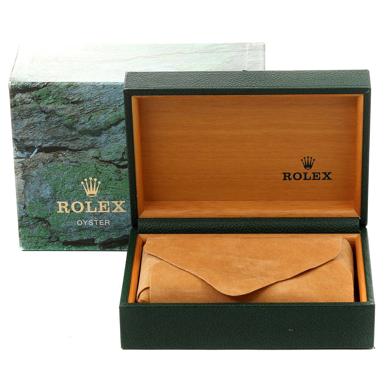 The image shows the packaging of the Rolex Yacht-Master 168622 Men
s Stainless Steel Silver Dial 168622 Men
s Stainless Steel Silver Dial, including the outer box and a green luxury watch box with a suede pouch inside.