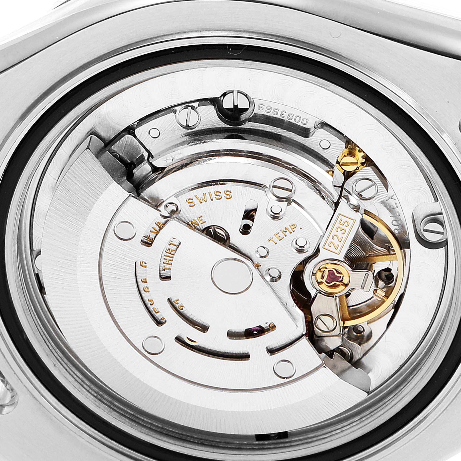 The image shows the movement mechanism of a Rolex Yacht-Master 168622 Men
s Stainless Steel Silver Dial 168622 Men
s Stainless Steel Silver Dial watch from the back angle.