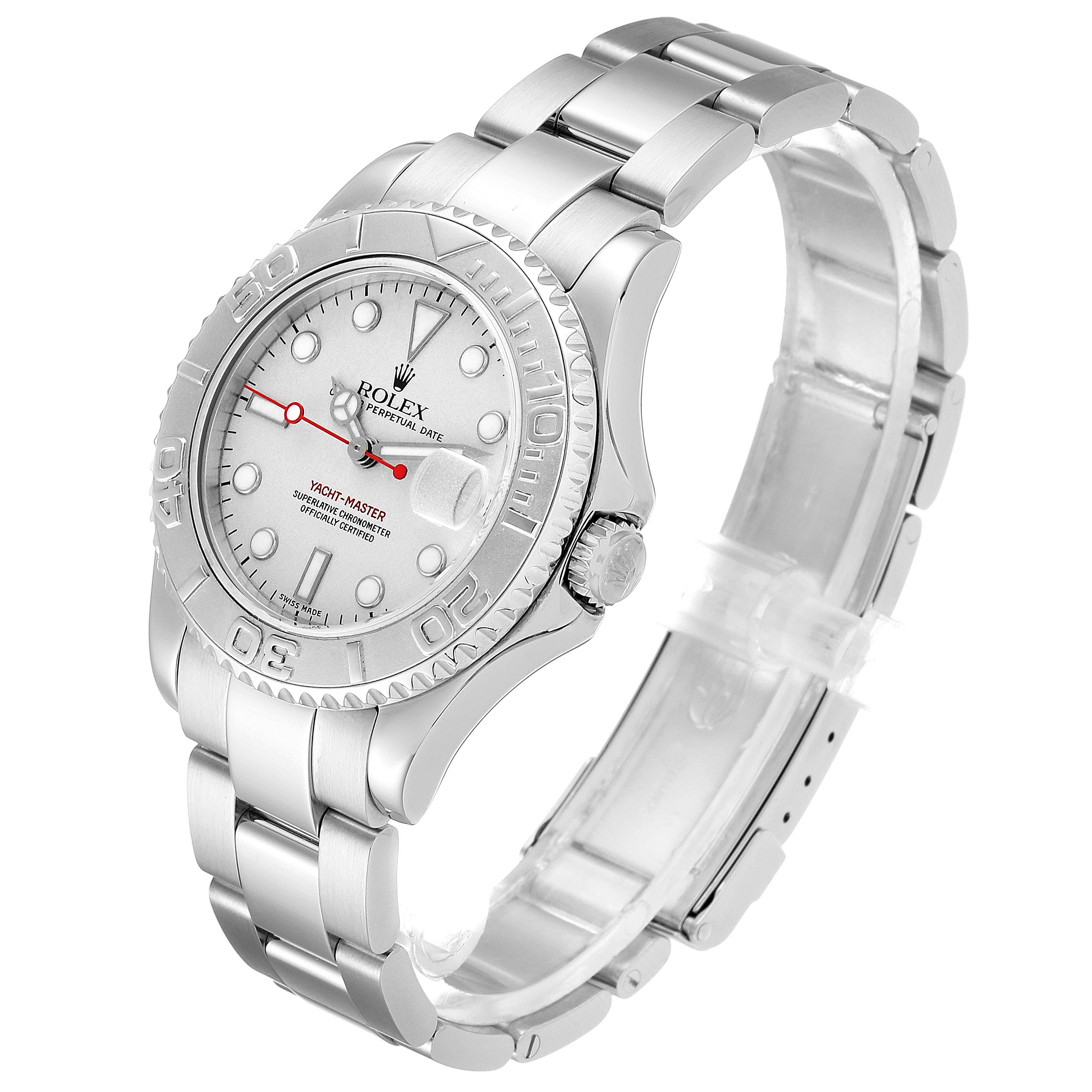 This image shows a side and front angle of a Rolex Yacht-Master 168622 Men
s Stainless Steel Silver Dial 168622 Men
s Stainless Steel Silver Dial watch, highlighting its face, bezel, and bracelet.