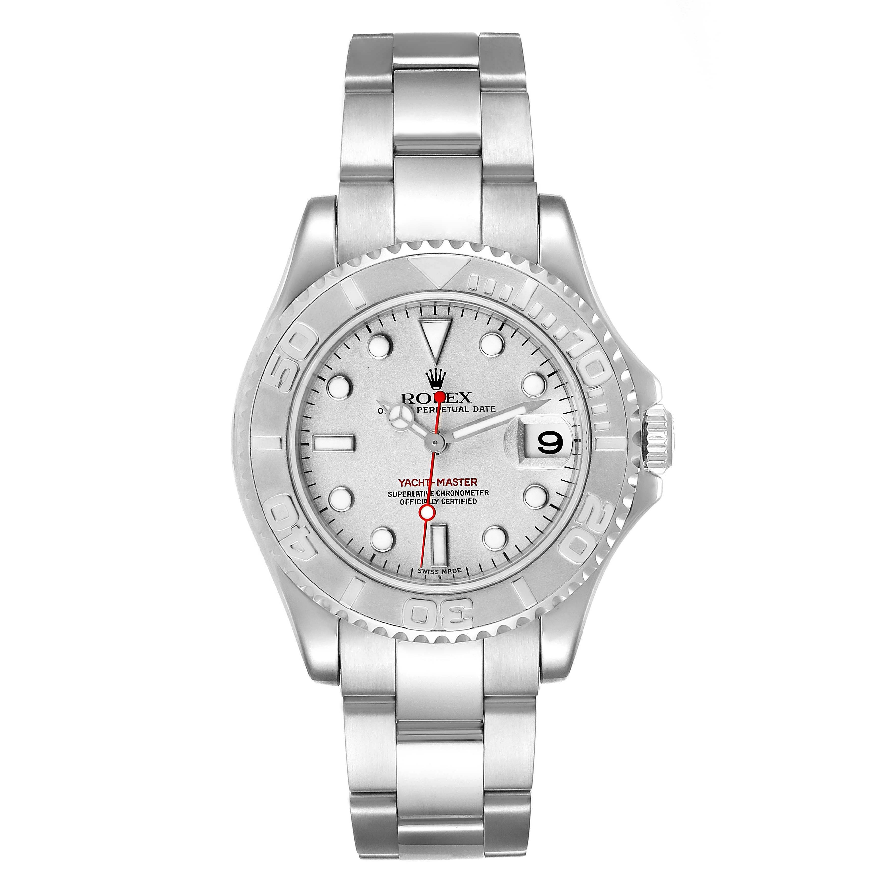 The Rolex Yacht-Master 168622 Men
s Stainless Steel Silver Dial 168622 Men
s Stainless Steel Silver Dial watch is shown from a front view, highlighting the dial, bezel, crown, and bracelet.