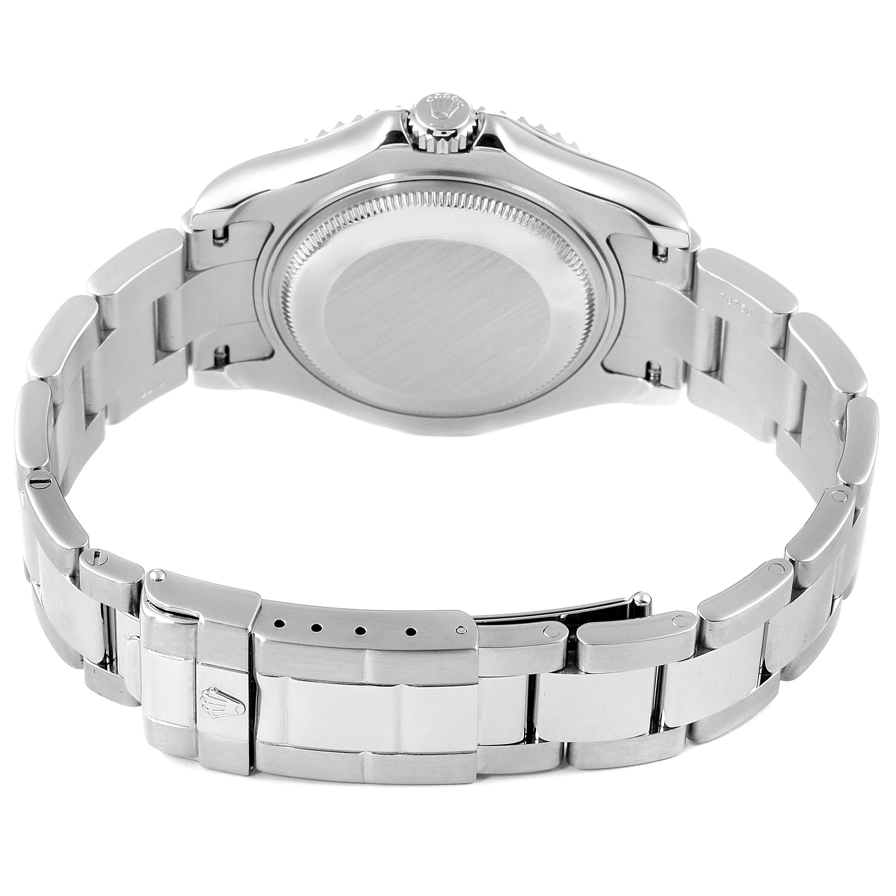 The image shows the back view of a Rolex Yacht-Master 168622 Men
s Stainless Steel Silver Dial 168622 Men
s Stainless Steel Silver Dial watch, focusing on the case back and bracelet.