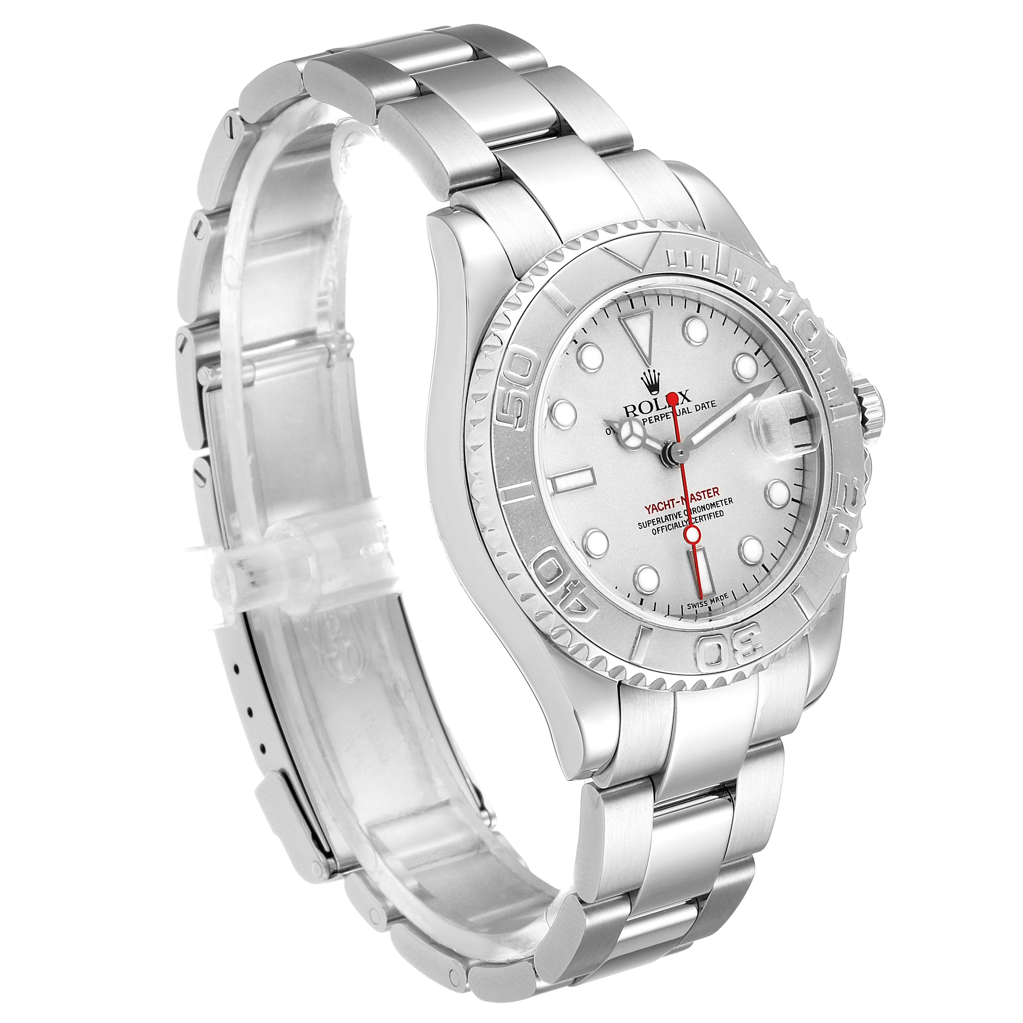 The image shows a side view of the Rolex Yacht-Master 168622 Men
s Stainless Steel Silver Dial 168622 Men
s Stainless Steel Silver Dial watch, highlighting the bracelet, bezel, and dial.