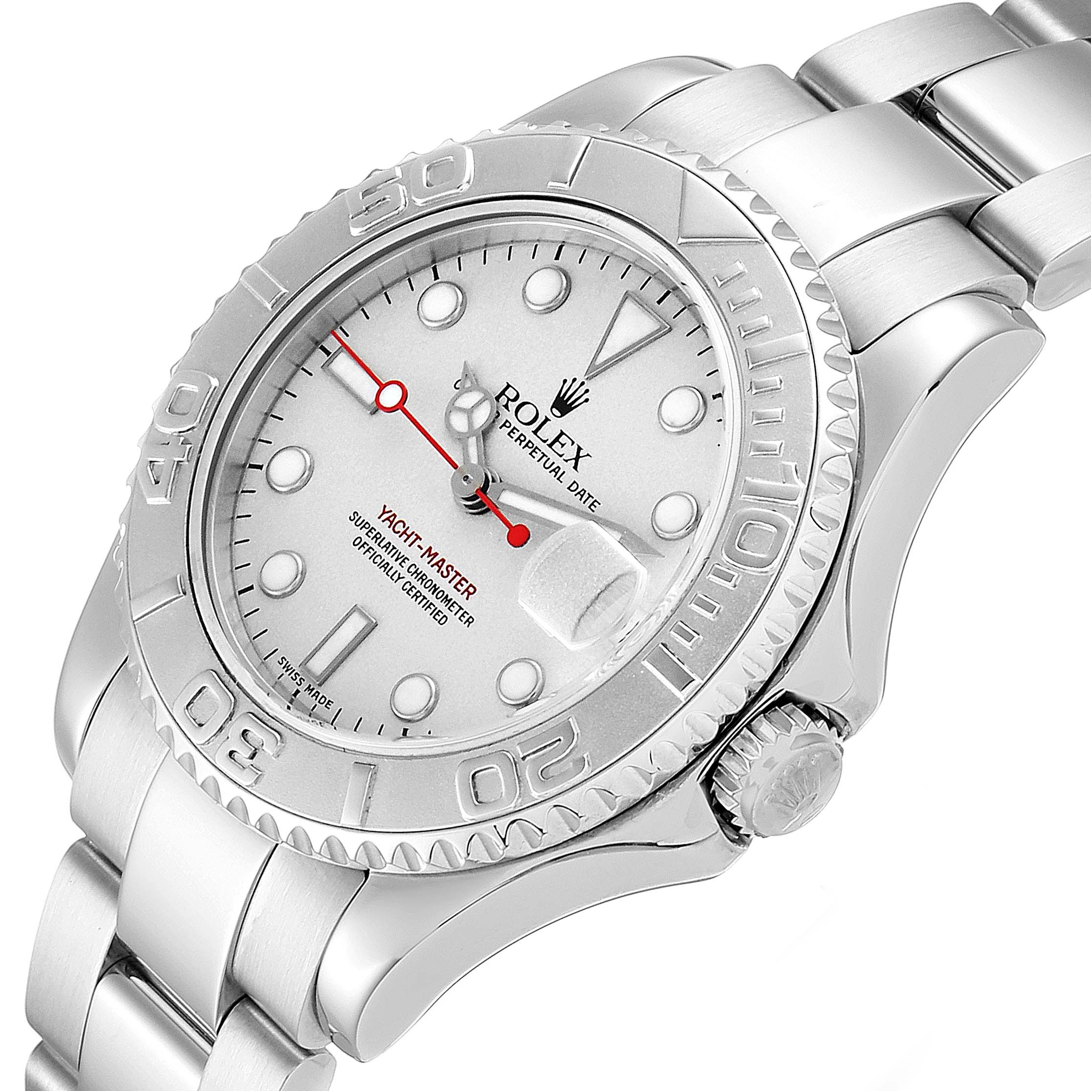 This image shows a close-up side angle of the Rolex Yacht-Master 168622 Men
s Stainless Steel Silver Dial 168622 Men
s Stainless Steel Silver Dial watch, highlighting the dial, bezel, and part of the bracelet.