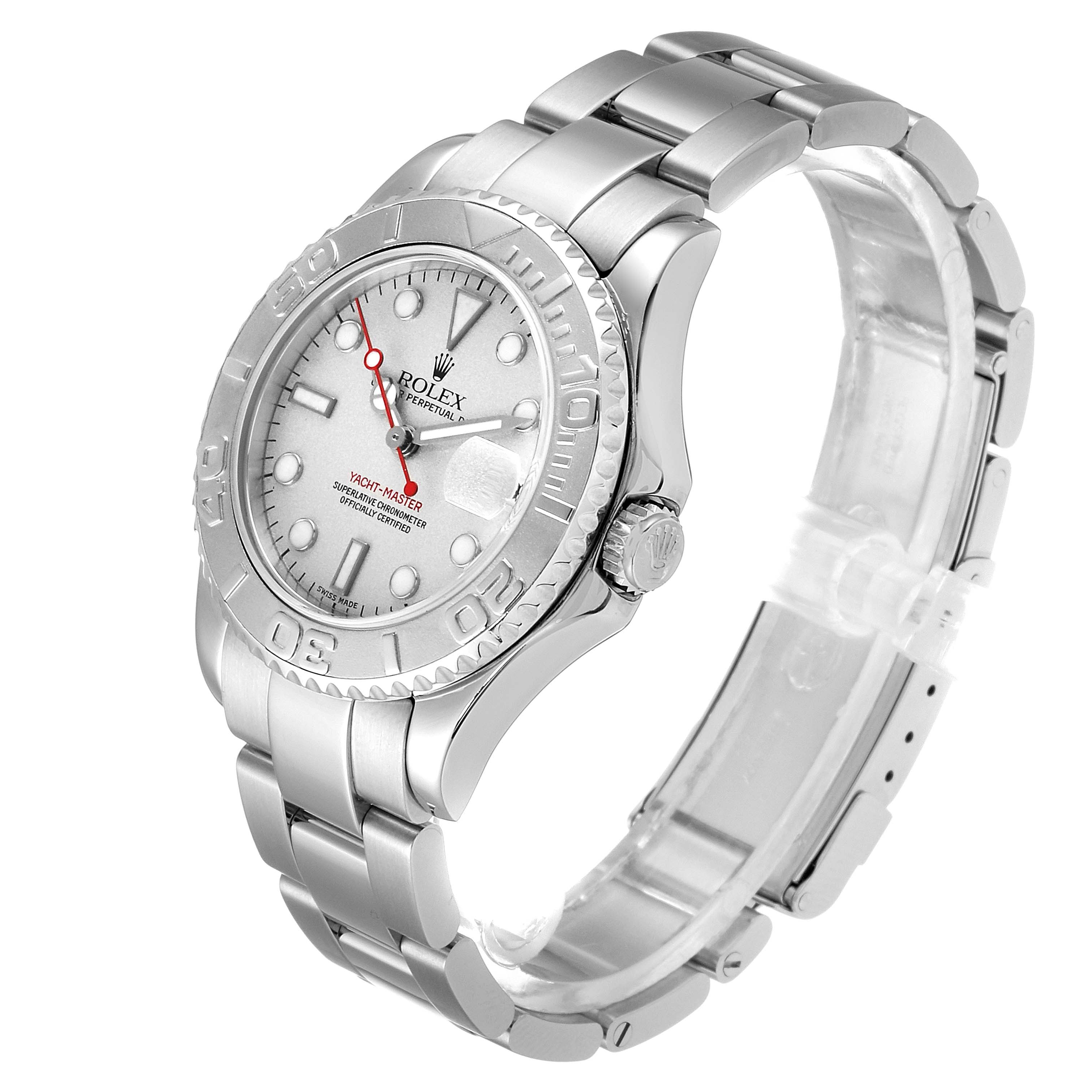 The Rolex Yacht-Master 168622 Men
s Stainless Steel Silver Dial 168622 Men
s Stainless Steel Silver Dial watch is shown at a three-quarter angle, displaying the face, bezel, crown, and metal bracelet.