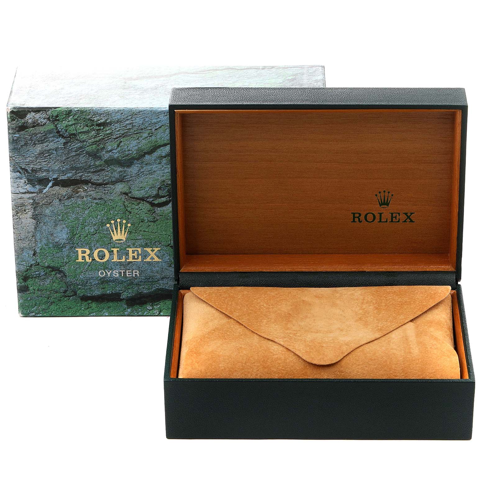 The image shows the Rolex Yacht-Master 168622 Men
s Stainless Steel Silver Dial 168622 Men
s Stainless Steel Silver Dial watch box, with the outer green box and the inner wooden watch case.