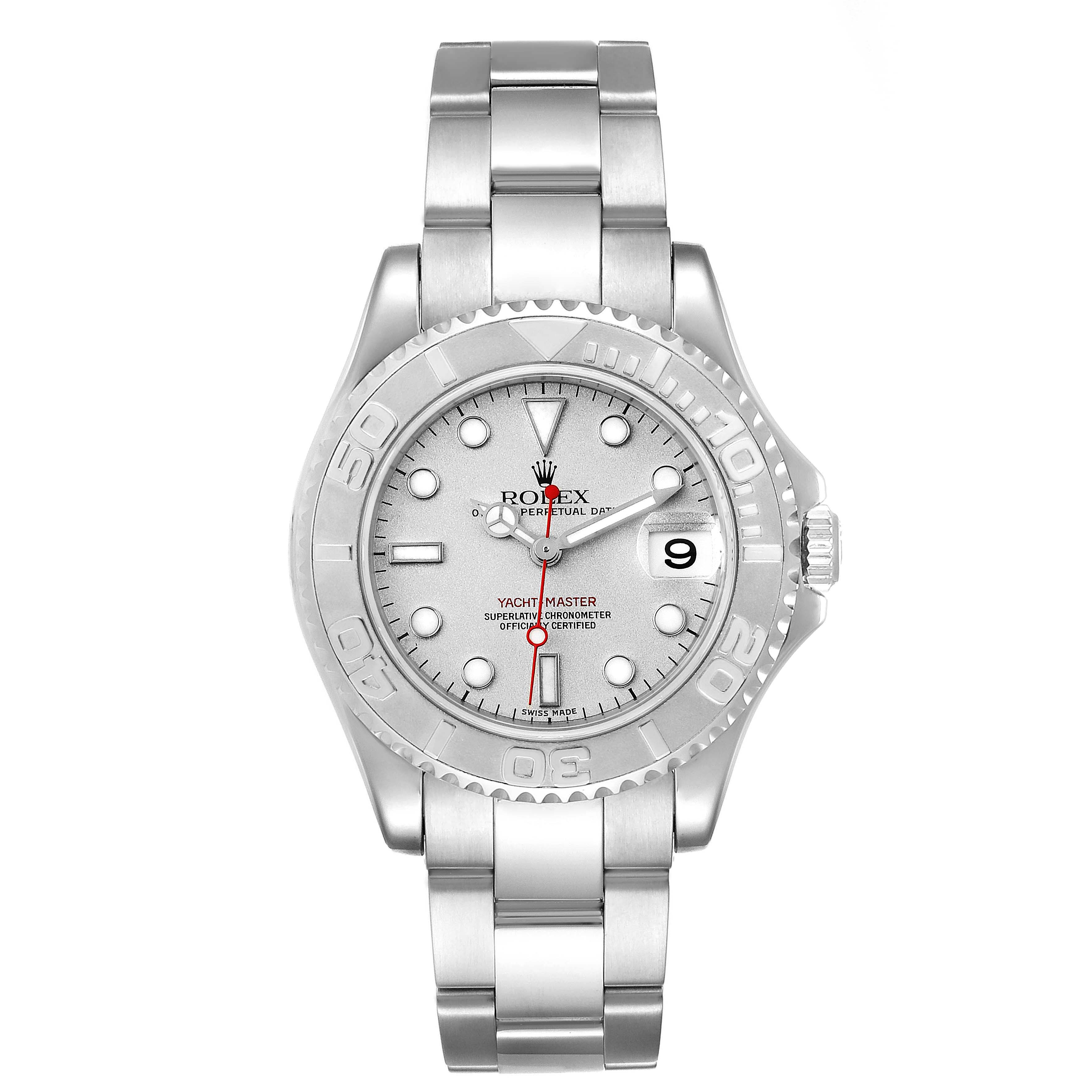 The image shows a Rolex Yacht-Master 168622 Men
s Stainless Steel Silver Dial 168622 Men
s Stainless Steel Silver Dial watch from a top-down angle, highlighting its face, bezel, and bracelet.