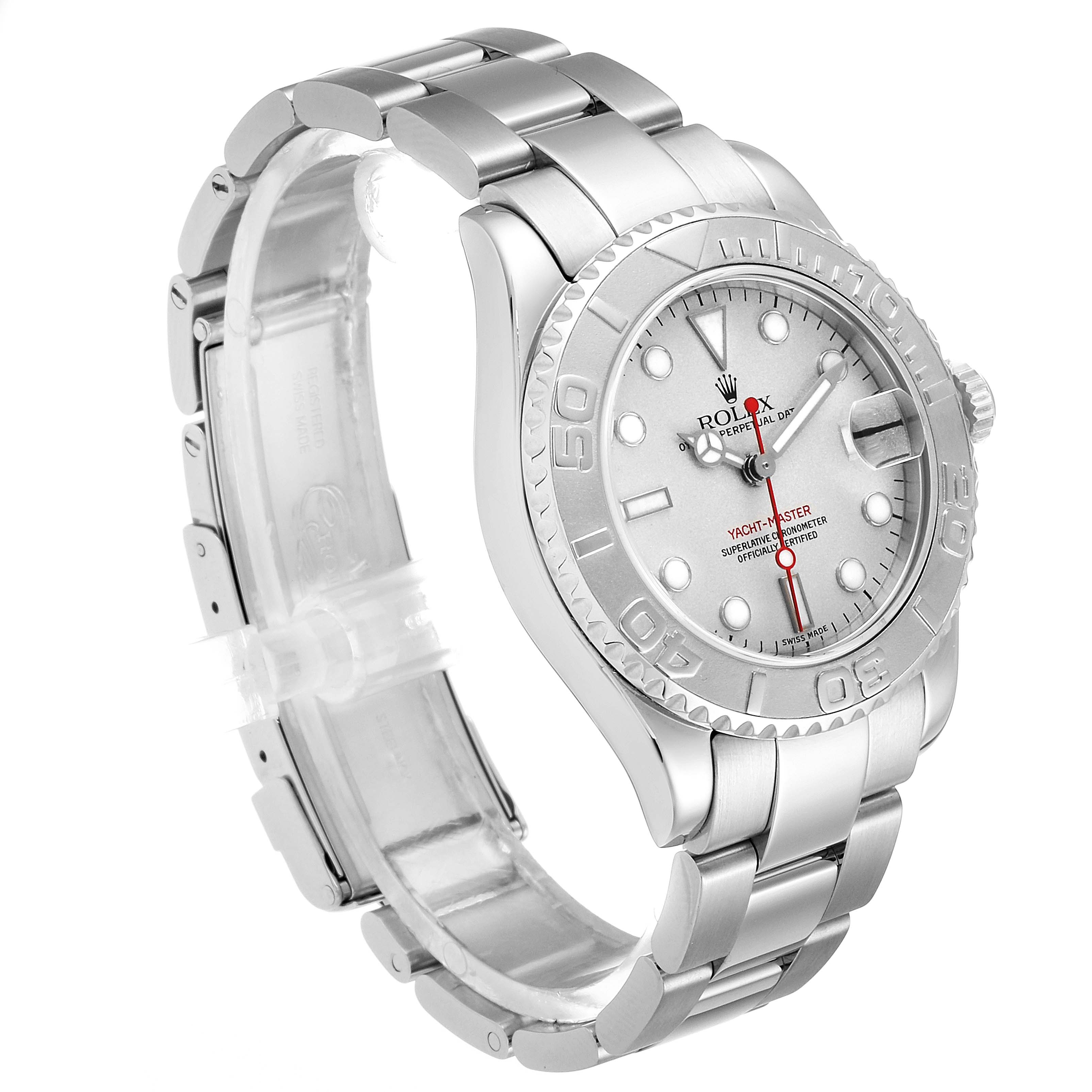 The Rolex Yacht-Master 168622 Men
s Stainless Steel Silver Dial 168622 Men
s Stainless Steel Silver Dial watch is shown at an angled view highlighting the dial, bezel, and part of the bracelet.