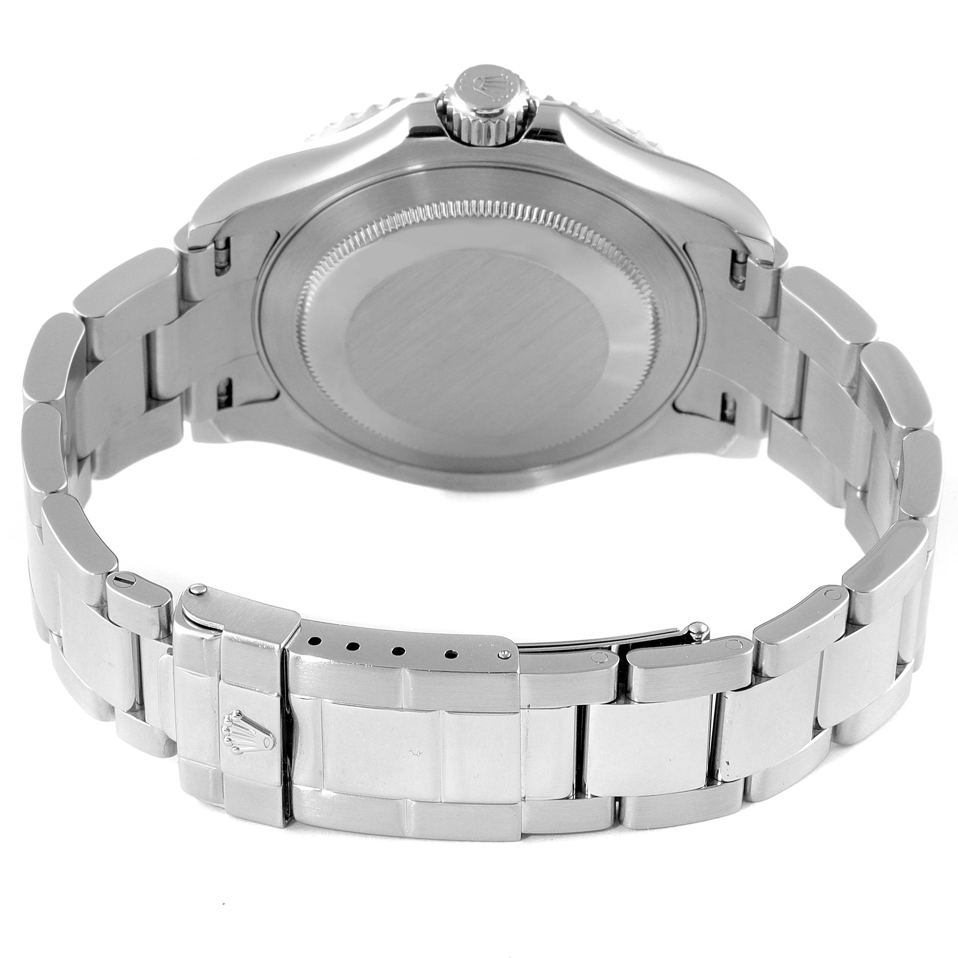 This image shows the back view of a Rolex Yacht-Master 16622 Men
s Stainless Steel Silver Dial 16622 Men
s Stainless Steel Silver Dial watch, focusing on its case back, crown, and metal bracelet.