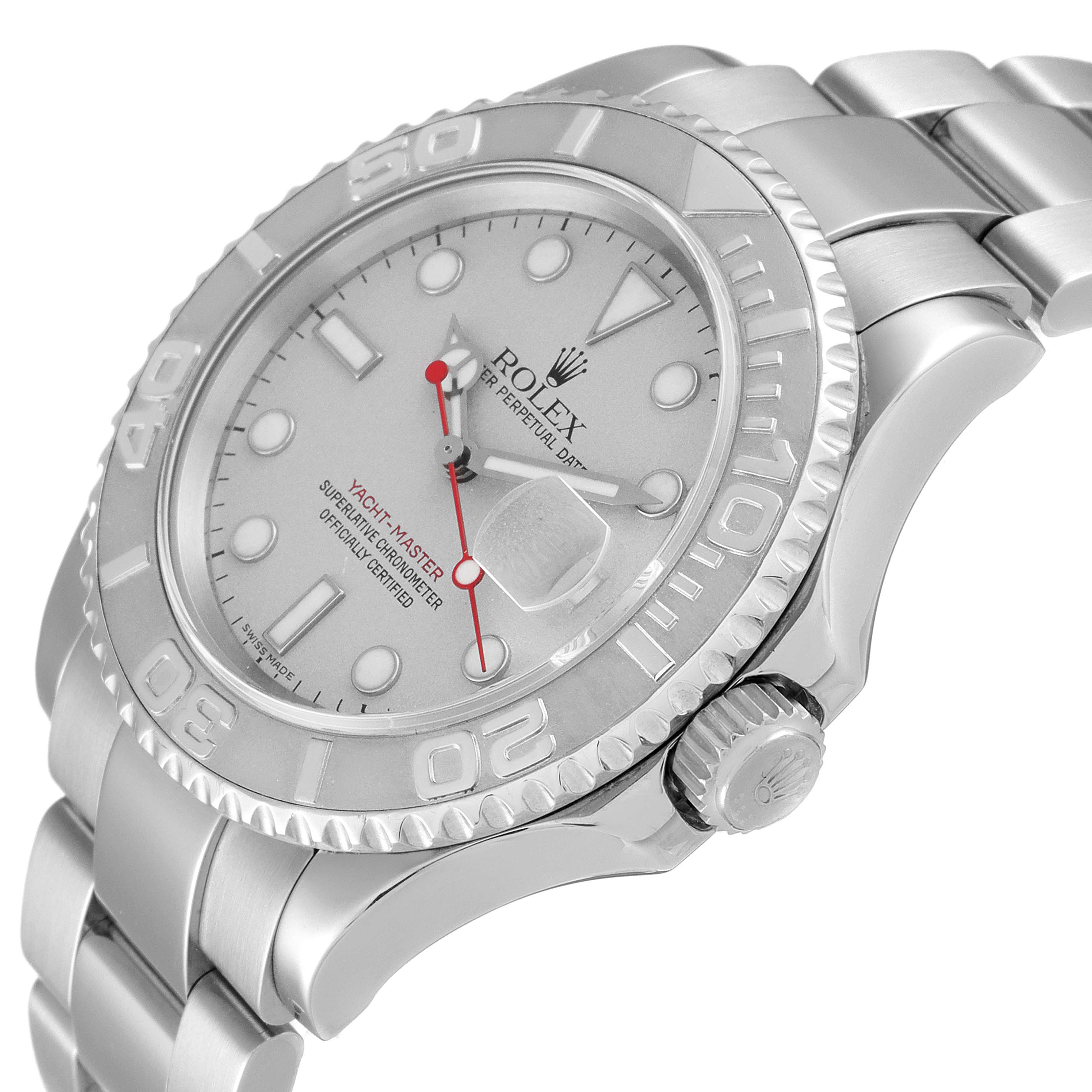 The image shows an angled side view of a Rolex Yacht-Master 16622 Men
s Stainless Steel Silver Dial 16622 Men
s Stainless Steel Silver Dial watch, highlighting the face, bezel, crown, and part of the bracelet.