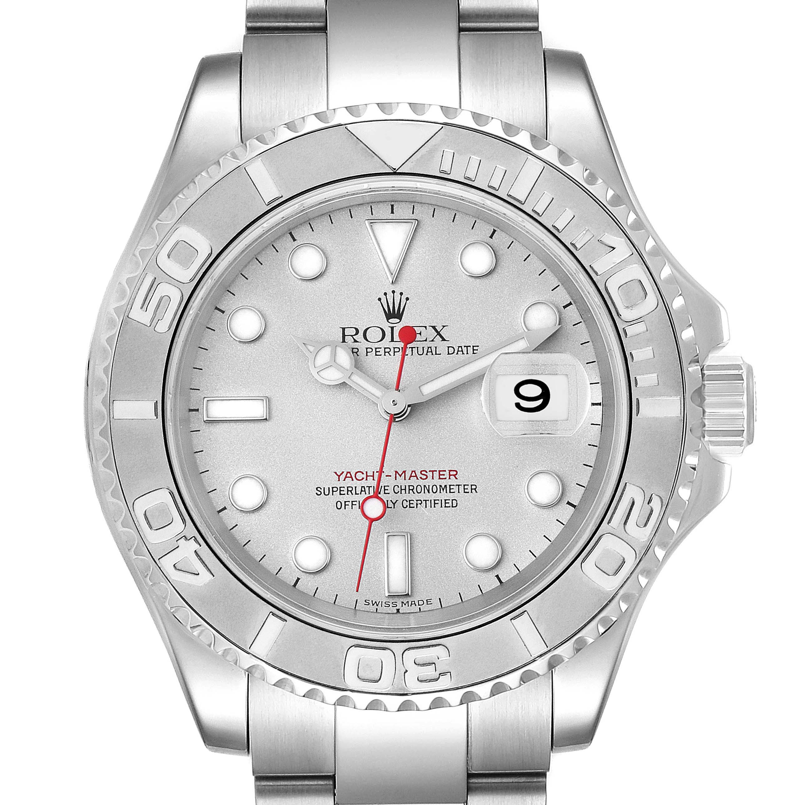 This image shows a front view of a Rolex Yacht-Master 16622 Men
s Stainless Steel Silver Dial 16622 Men
s Stainless Steel Silver Dial watch displaying its face, bezel, crown, and bracelet links.