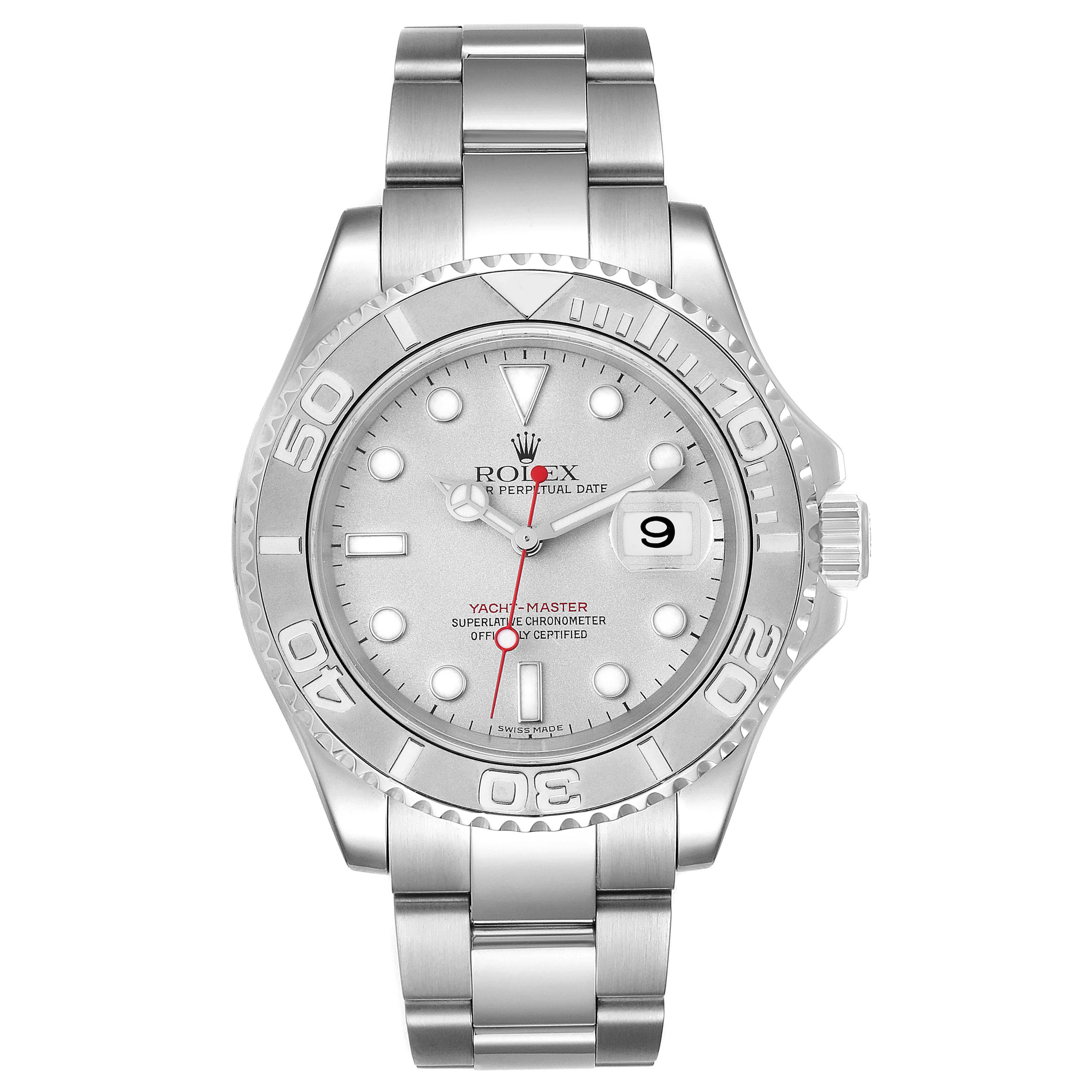 This image shows a front view of a Rolex Yacht-Master 16622 Men
s Stainless Steel Silver Dial 16622 Men
s Stainless Steel Silver Dial watch, highlighting its dial, bezel, and bracelet.