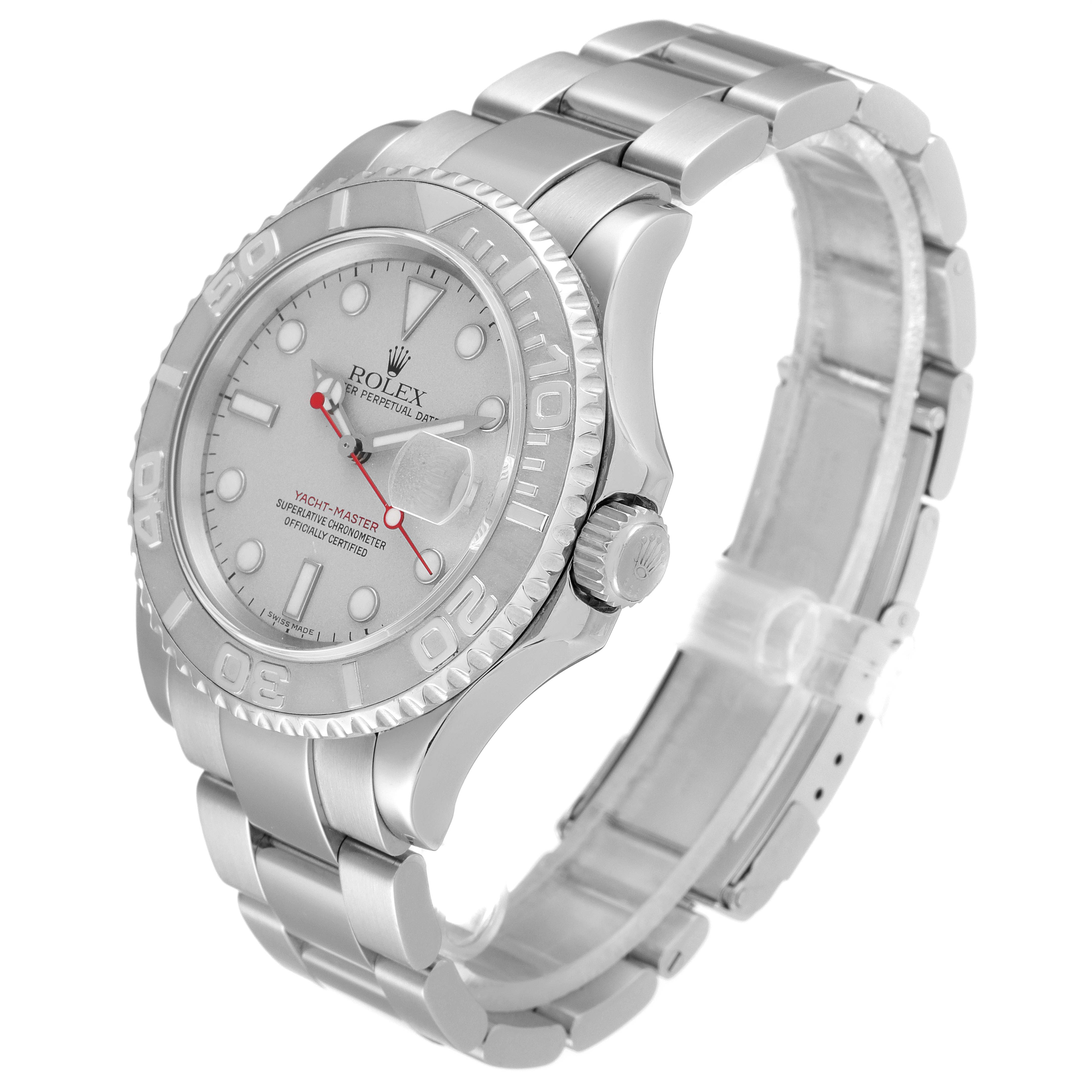 The Rolex Yacht-Master 16622 Men
s Stainless Steel Silver Dial 16622 Men
s Stainless Steel Silver Dial watch is shown at a slight angle, displaying its face, bezel, crown, and stainless steel bracelet.