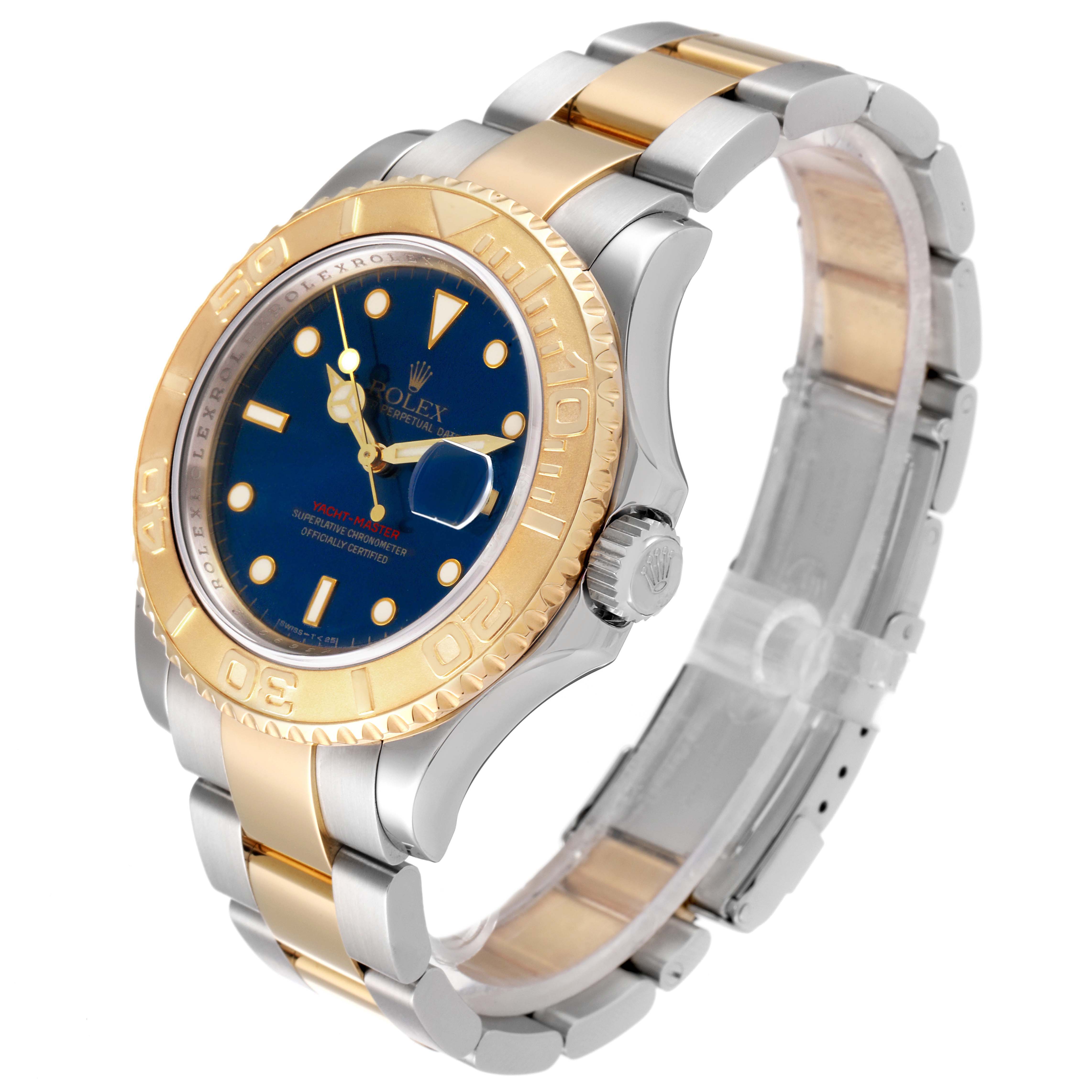 This image shows a Rolex Yacht-Master 16623 Men's Steel and Gold (two tone) Blue Dial 16623 Men's Steel and Gold (two tone) Blue Dial watch from an angle highlighting its face, bezel, and bracelet.